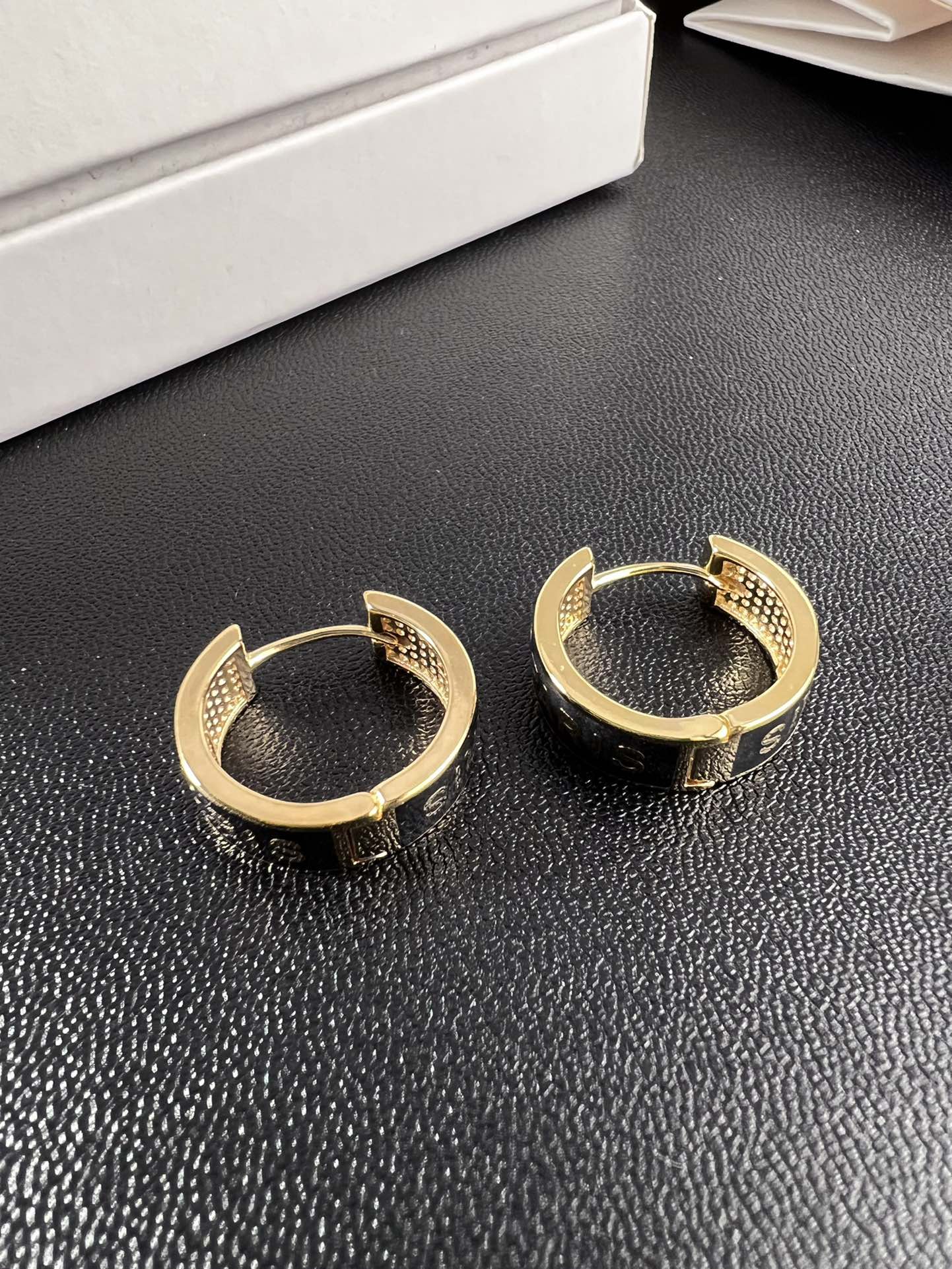 Celine Triomphe Paris Enamel Hoop earrings gold-tone metal with black enamel 20mm outer diameter