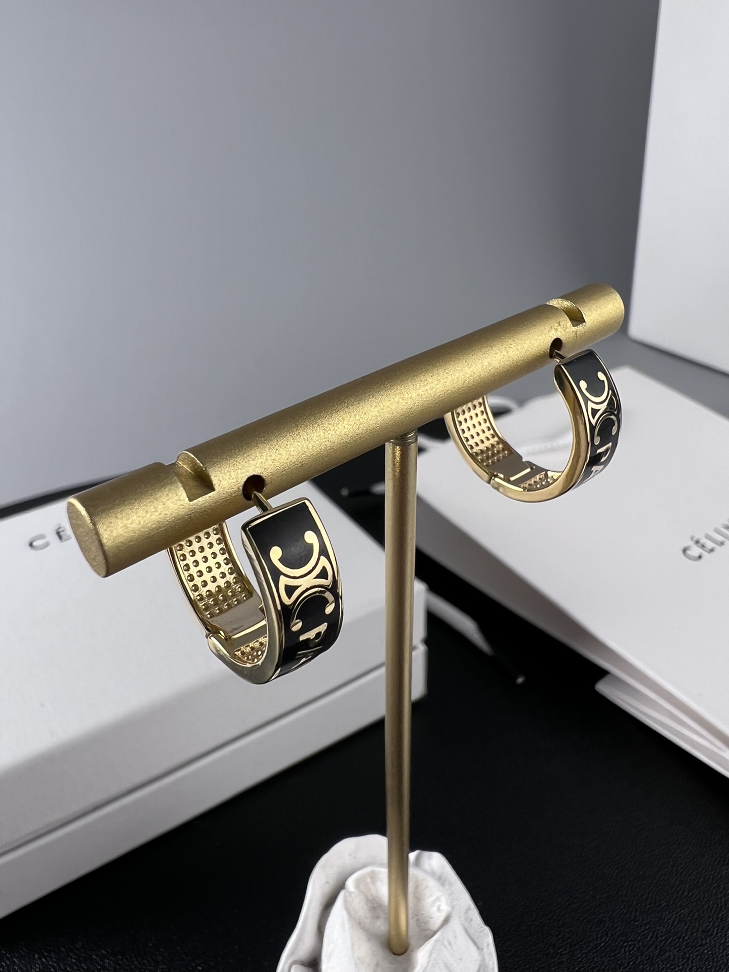 Celine Triomphe Paris Enamel Hoop earrings gold-tone metal with black enamel 20mm outer diameter