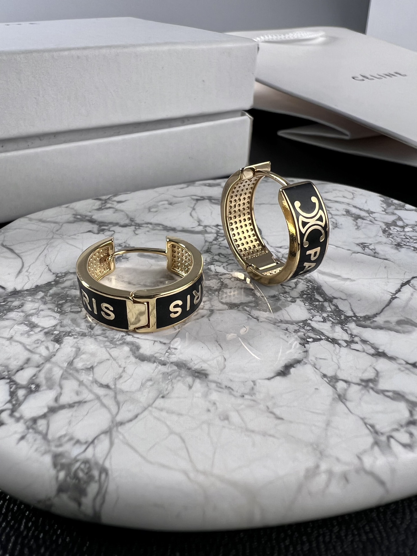 Celine Triomphe Paris Enamel Hoop earrings gold-tone metal with black enamel 20mm outer diameter