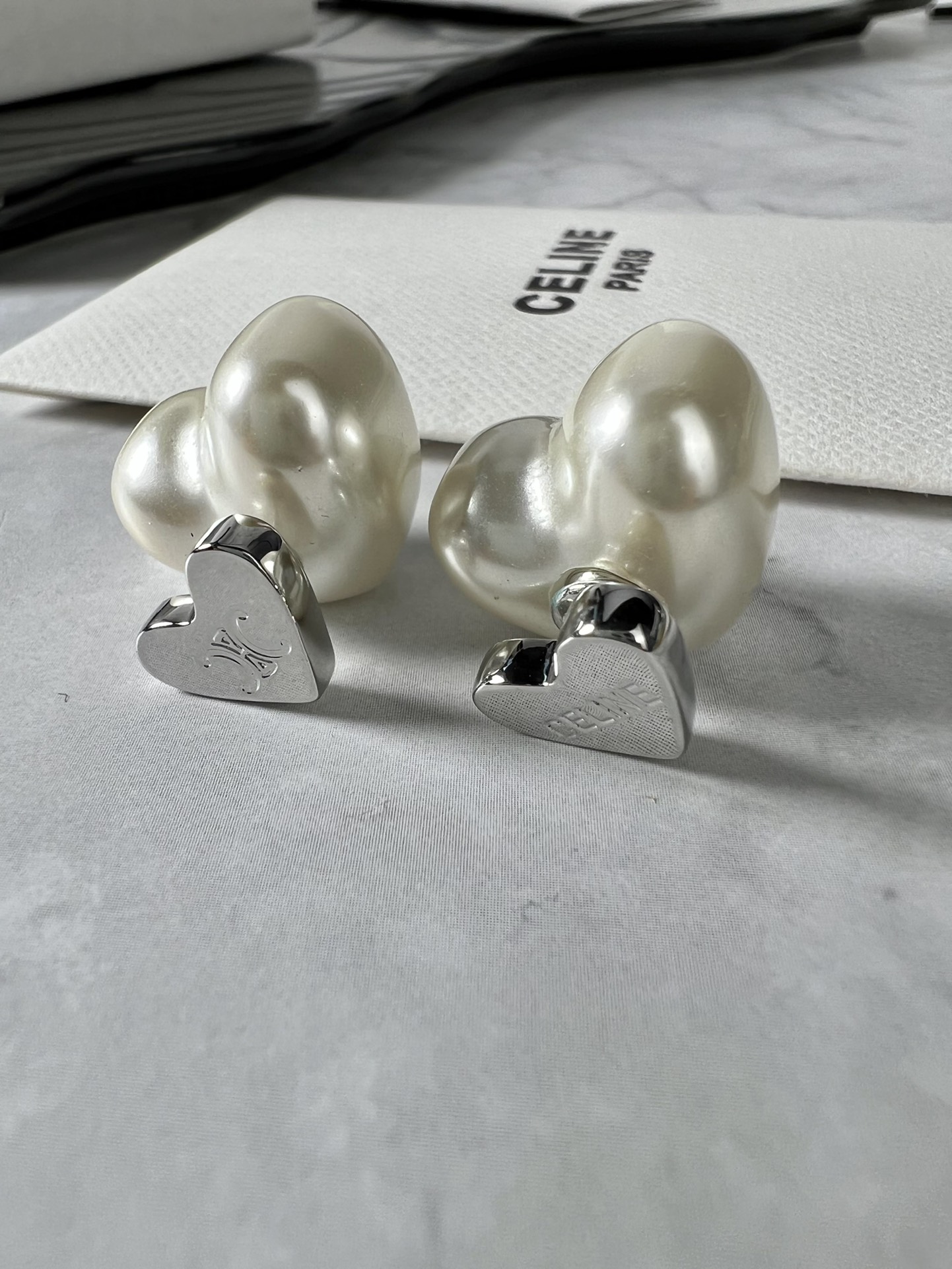 Celine Triomphe Heart Pearl Stud Earrings earrings silver-toned metal with cream white faux pearl 1 5cm stud diameter