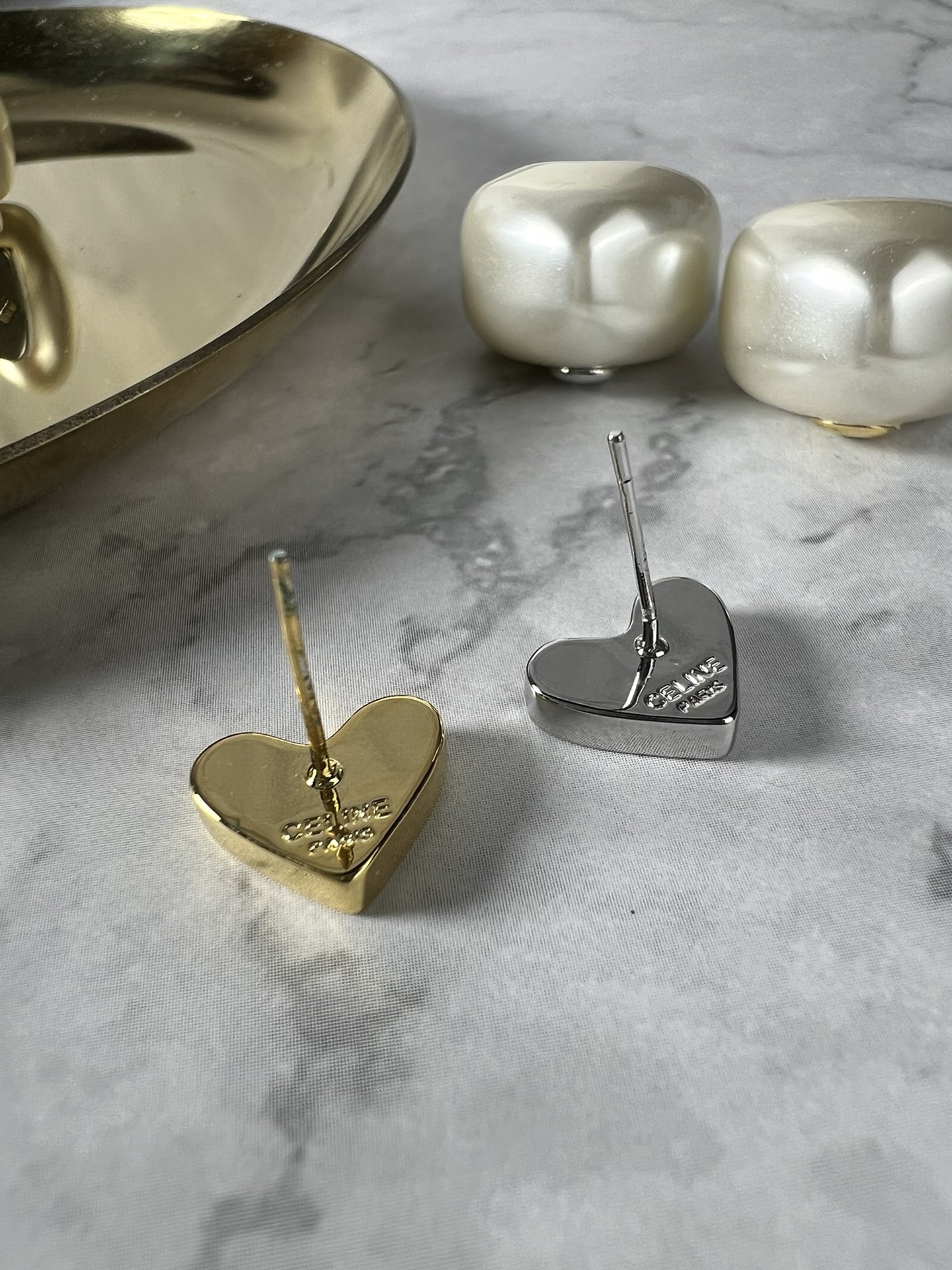 Celine Triomphe Heart Pearl Stud Earrings earrings silver-toned metal with cream white faux pearl 1 5cm stud diameter