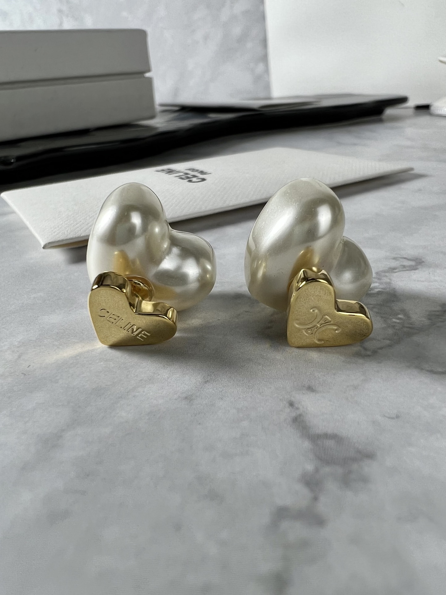 Celine Triomphe Heart Pearl Stud Earrings earrings silver-toned metal with cream white faux pearl 1 5cm stud diameter