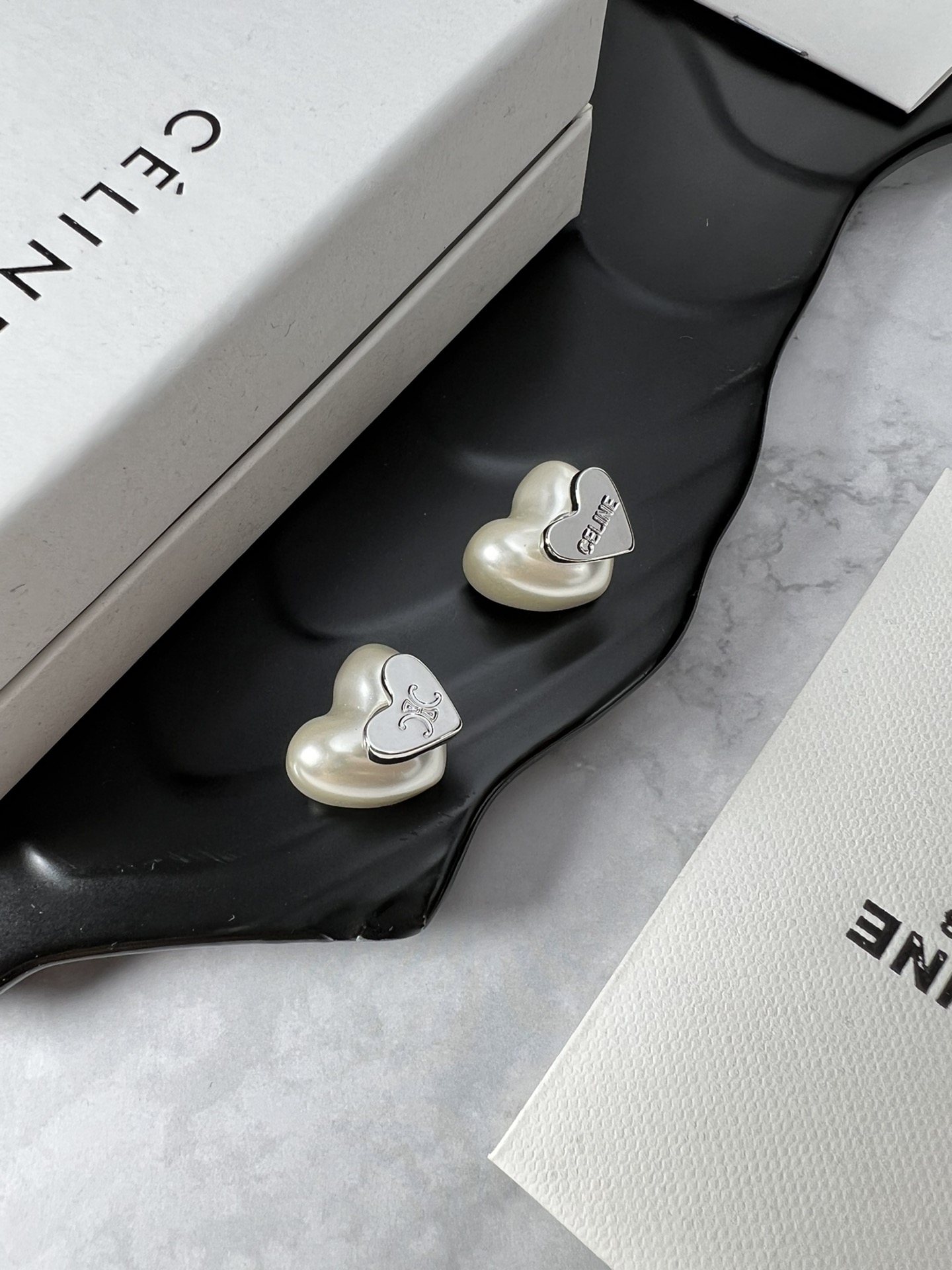 Celine Triomphe Heart Pearl Stud Earrings earrings silver-toned metal with cream white faux pearl 1 5cm stud diameter