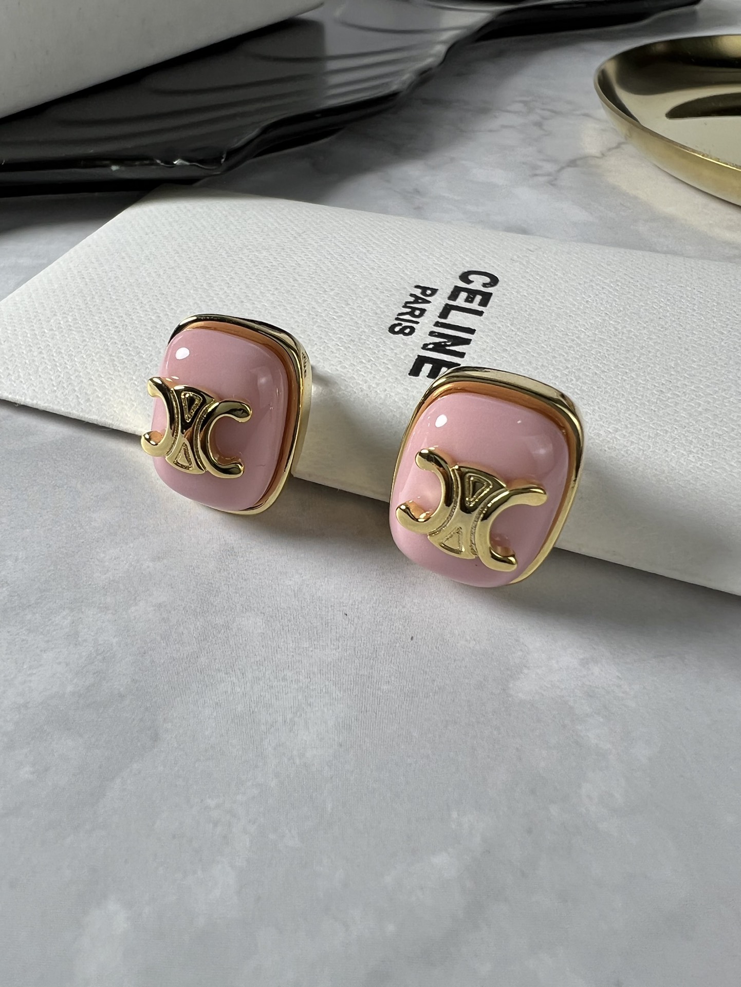 Celine Triomphe Resin Square Stud Earrings earrings gold-tone metal with black pink and light blue resin accents 2cm stud diameter