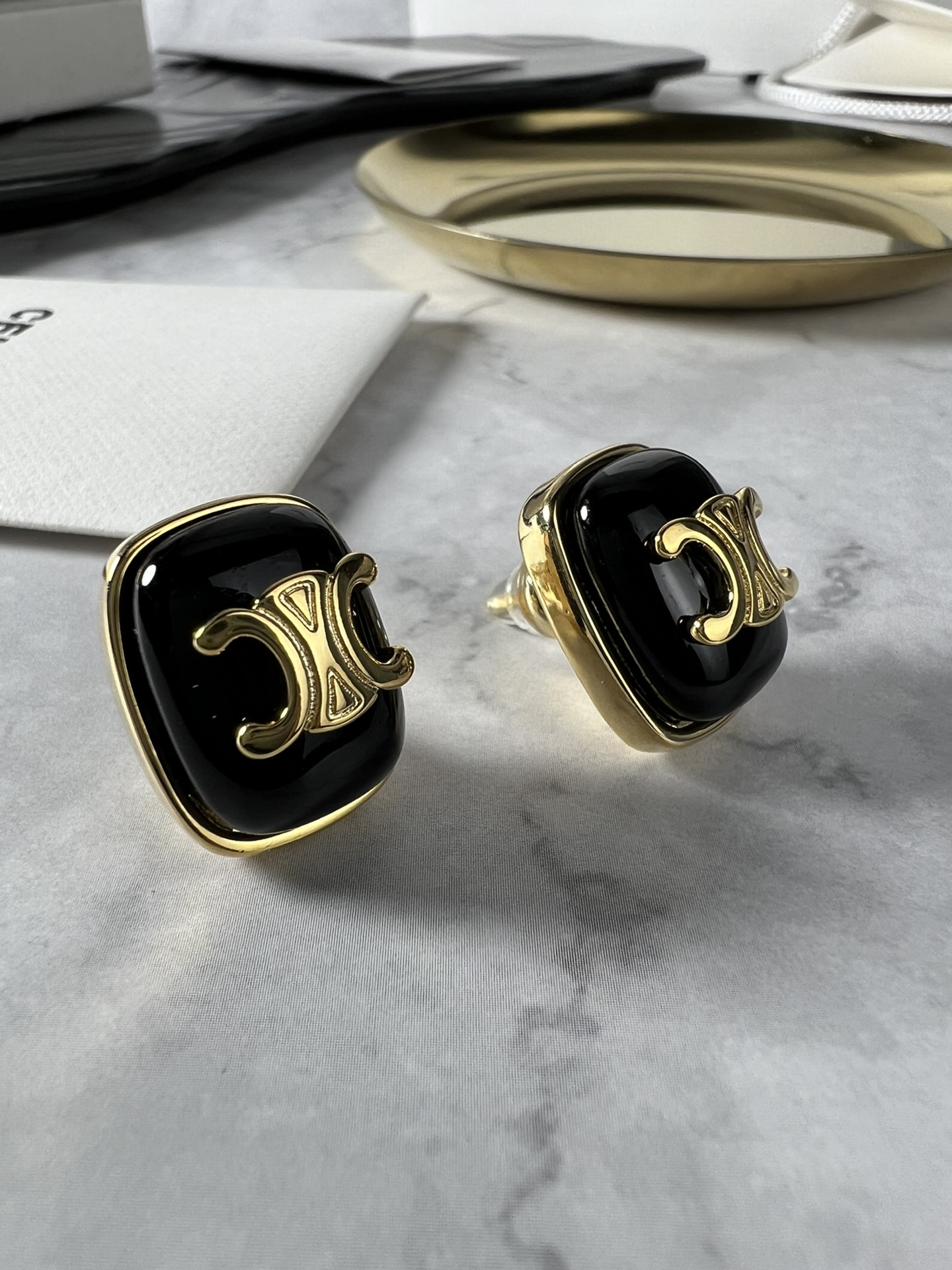 Celine Triomphe Resin Square Stud Earrings earrings gold-tone metal with black pink and light blue resin accents 2cm stud diameter