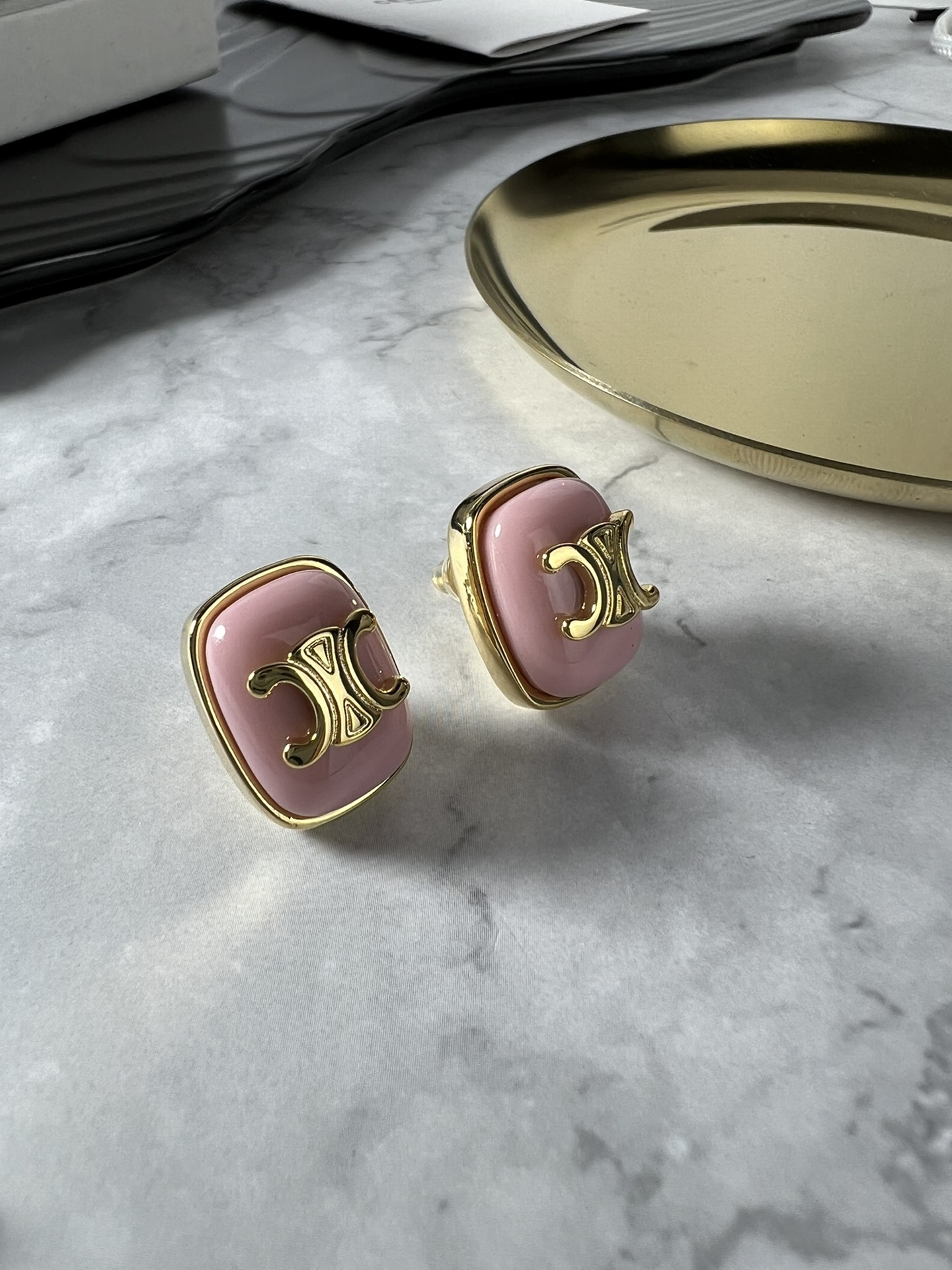 Celine Triomphe Resin Square Stud Earrings earrings gold-tone metal with black pink and light blue resin accents 2cm stud diameter