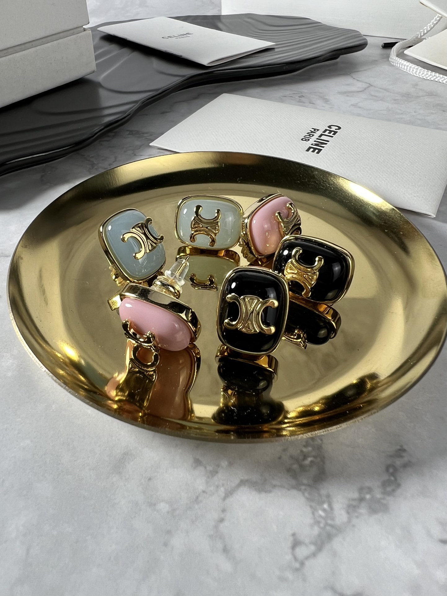 Celine Triomphe Resin Square Stud Earrings earrings gold-tone metal with black pink and light blue resin accents 2cm stud diameter