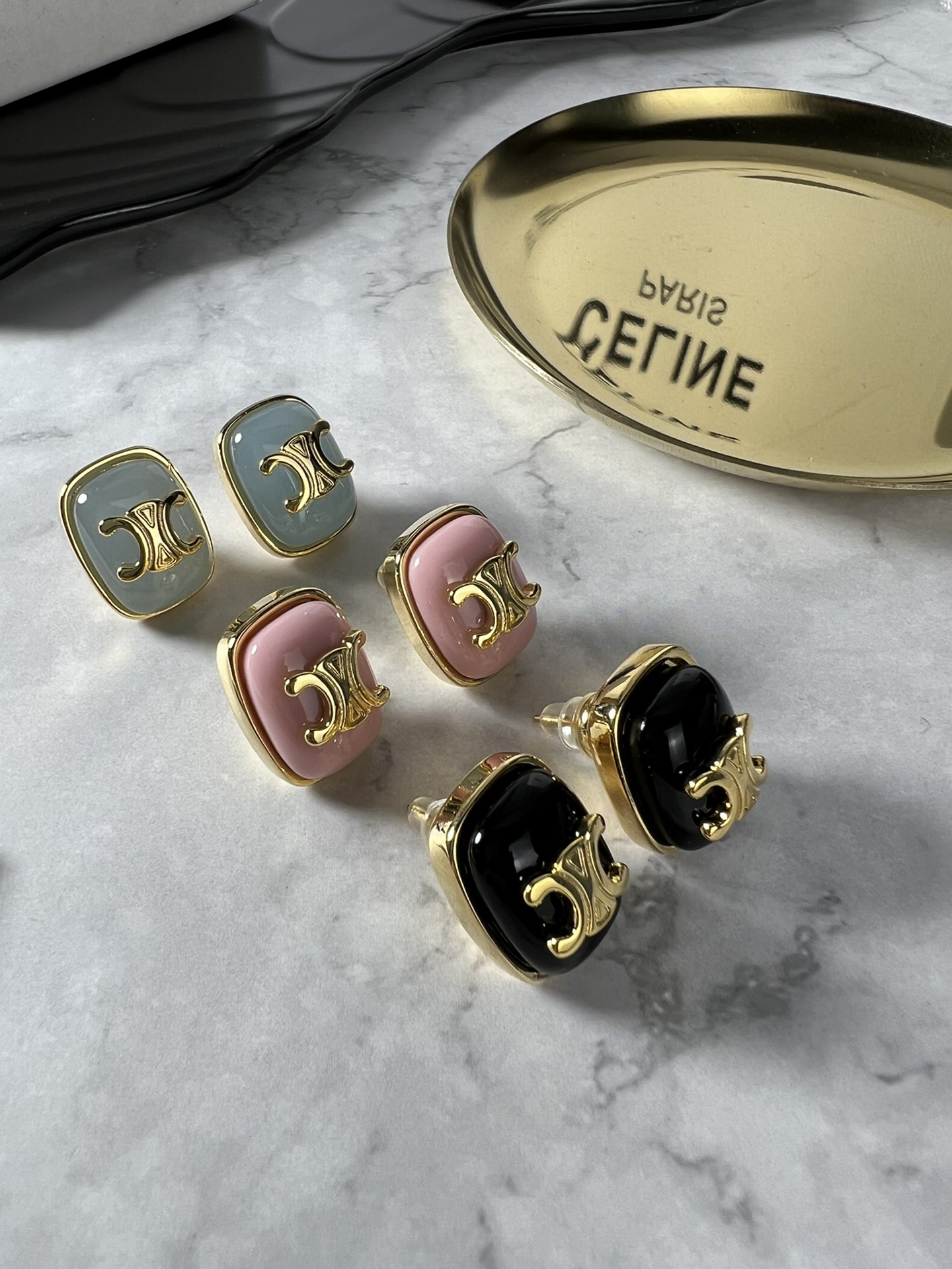 Celine Triomphe Resin Square Stud Earrings earrings gold-tone metal with black pink and light blue resin accents 2cm stud diameter