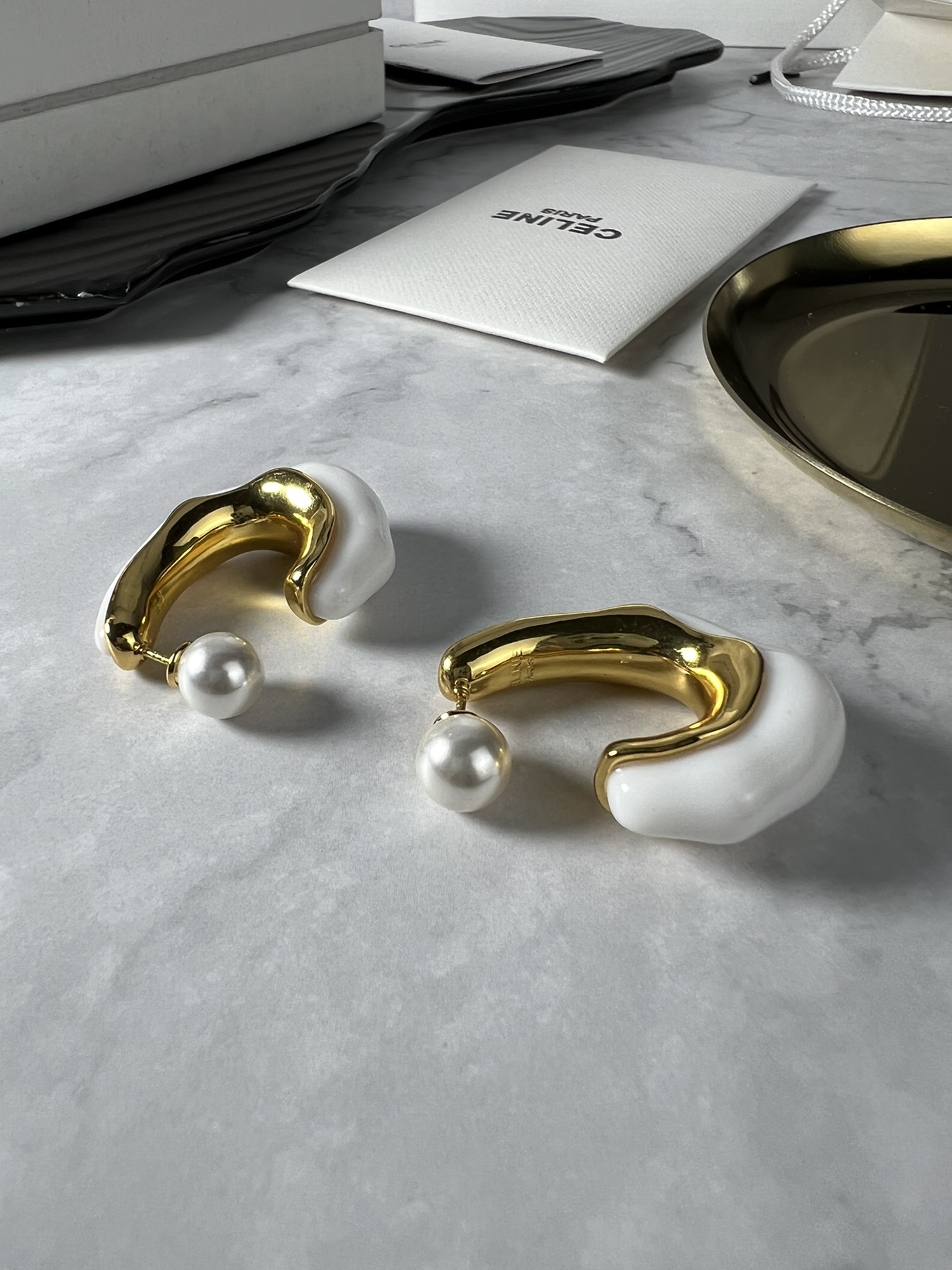 Celine YHED050 earrings gold-tone metal white resin white pearl 3 5cm drop length