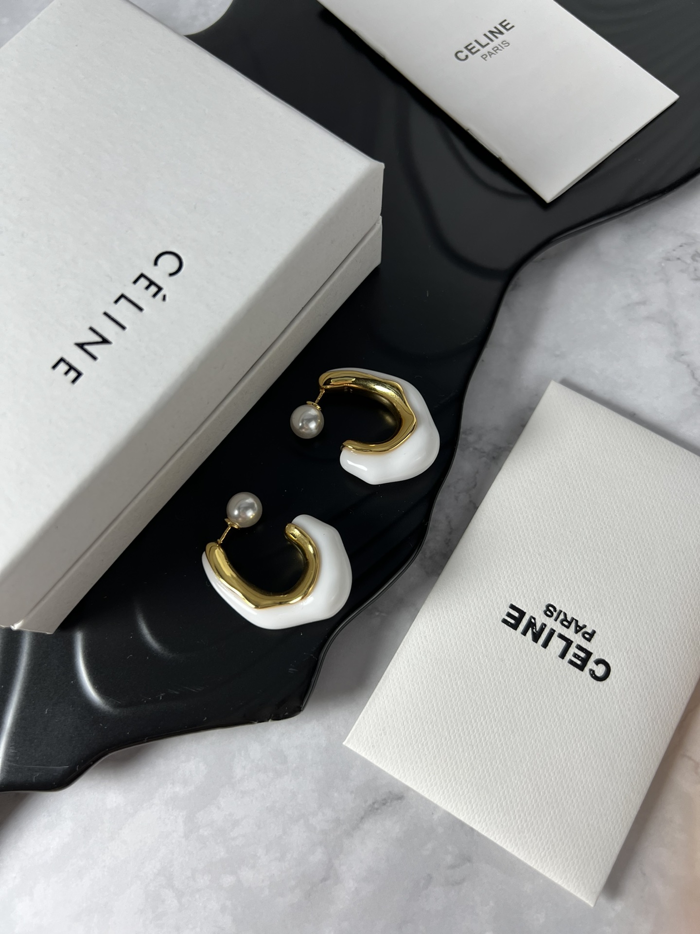 Celine YHED050 earrings gold-tone metal white resin white pearl 3 5cm drop length