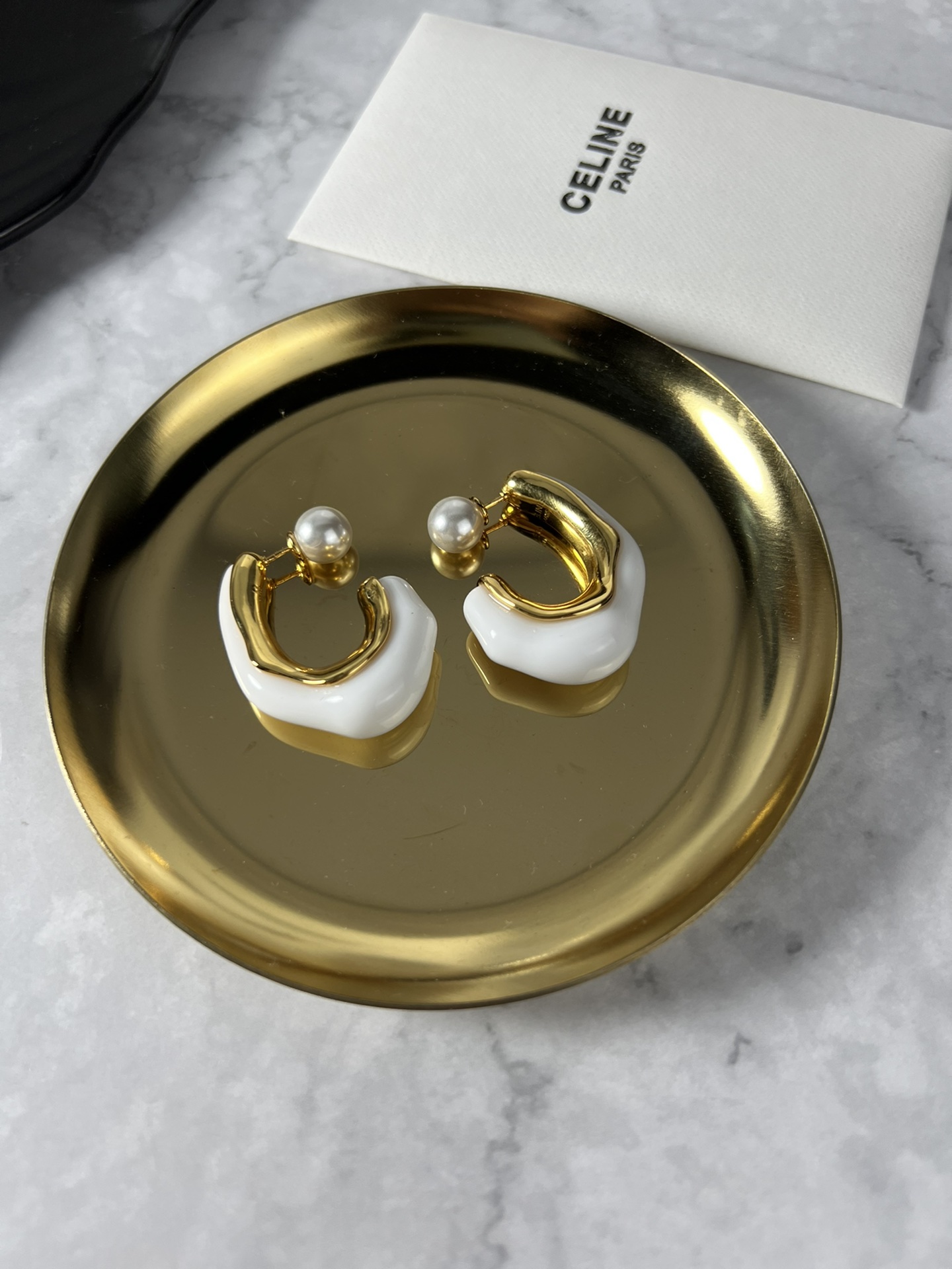 Celine YHED050 earrings gold-tone metal white resin white pearl 3 5cm drop length