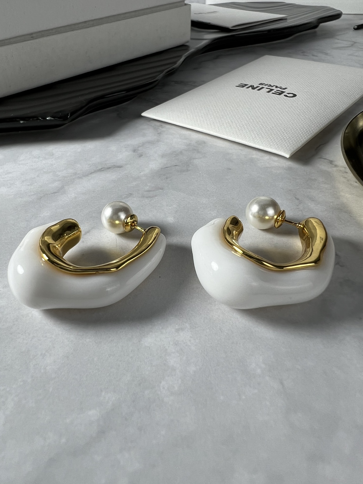 Celine YHED050 earrings gold-tone metal white resin white pearl 3 5cm drop length