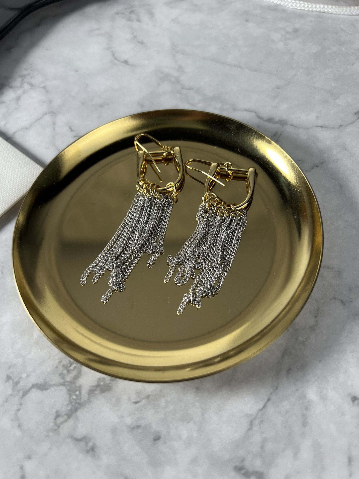 Celine Chain Fringe Hook Earrings earrings gold-tone metal with silver-tone chain fringe 6cm total drop length