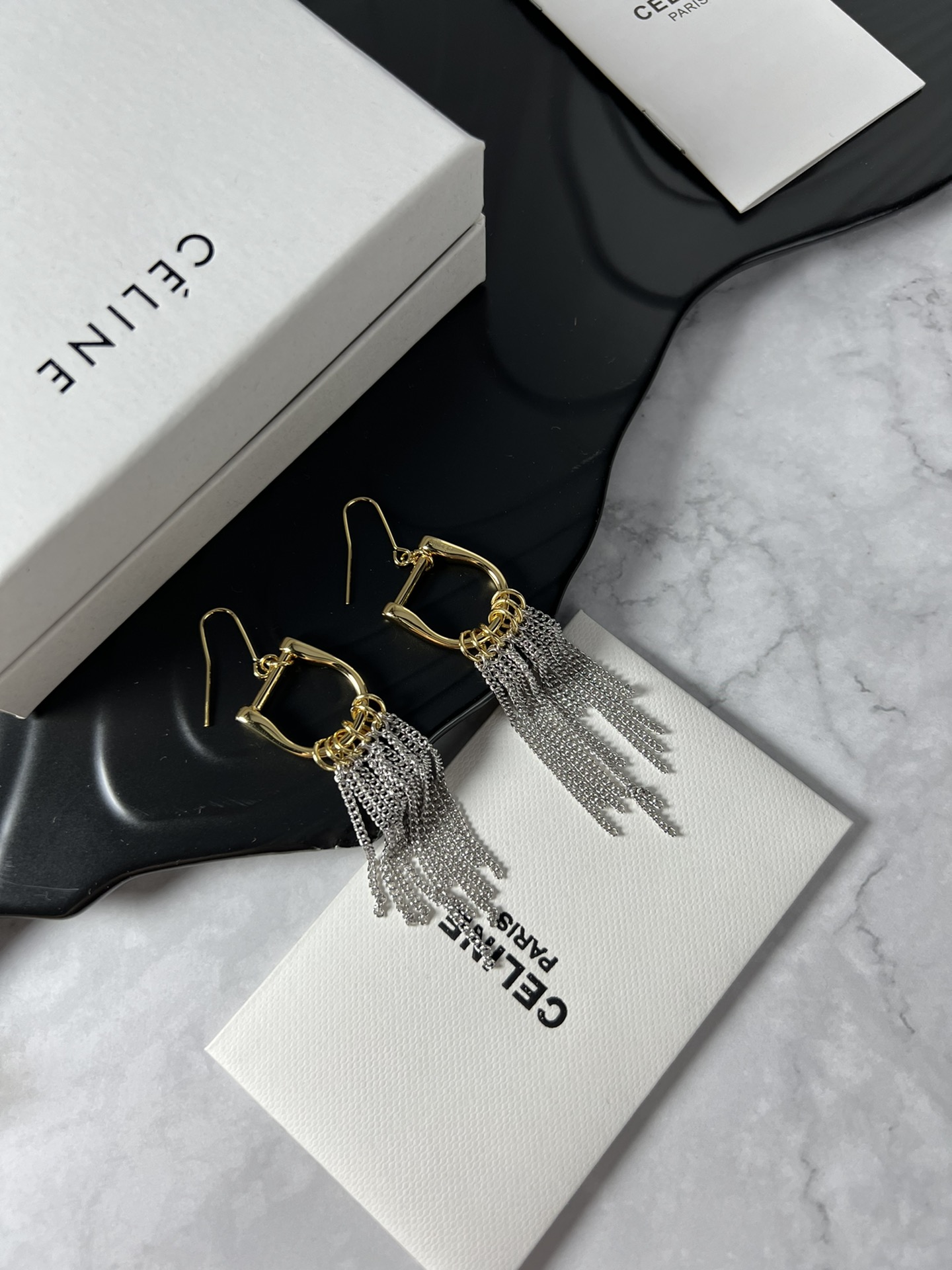 Celine Chain Fringe Hook Earrings earrings gold-tone metal with silver-tone chain fringe 6cm total drop length