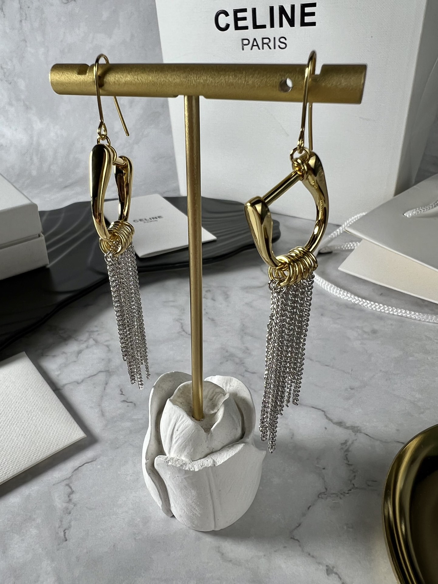 Celine Chain Fringe Hook Earrings earrings gold-tone metal with silver-tone chain fringe 6cm total drop length