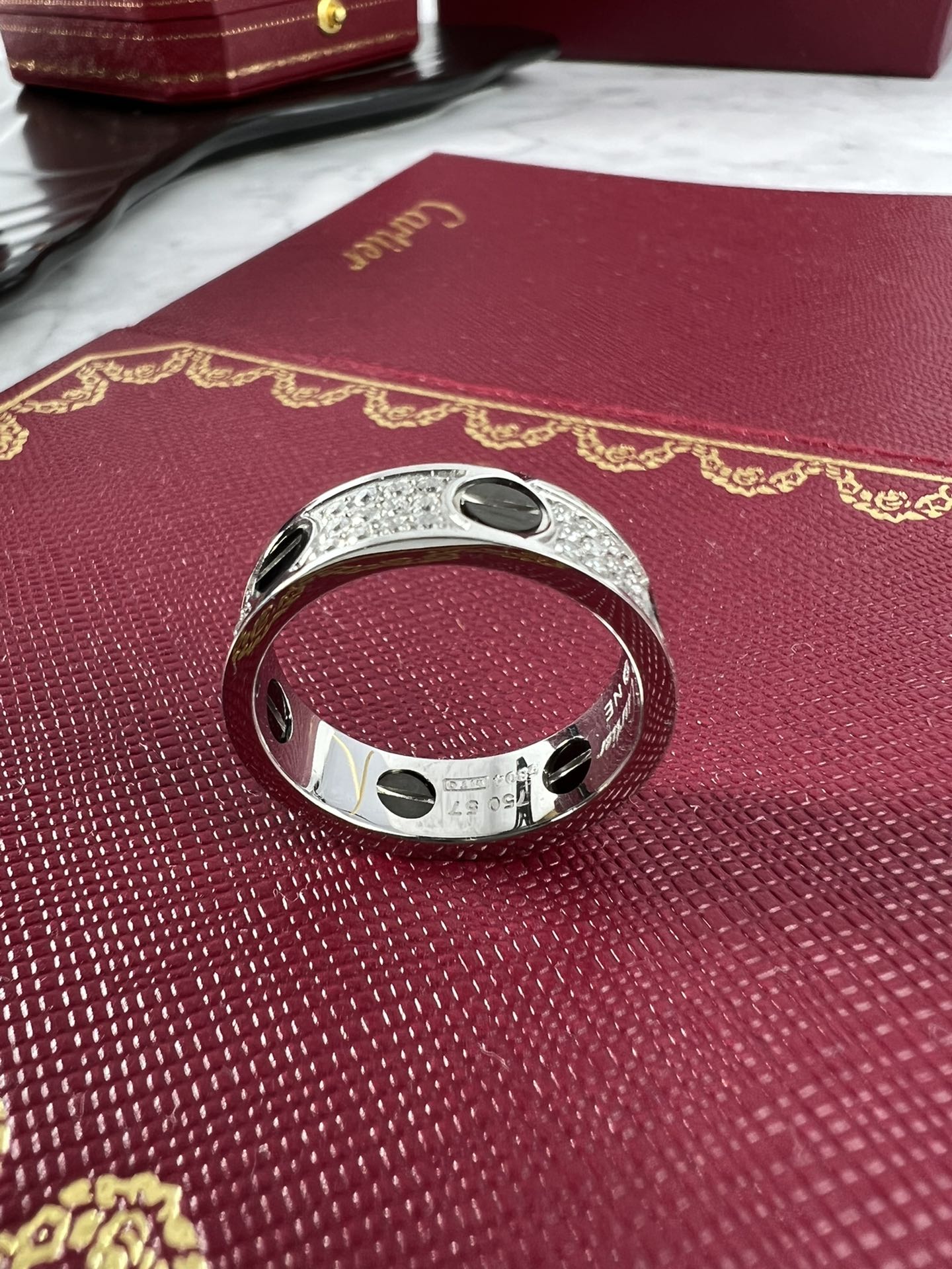 Cartier Love ring 18k white gold black ceramic pave set white diamonds 57