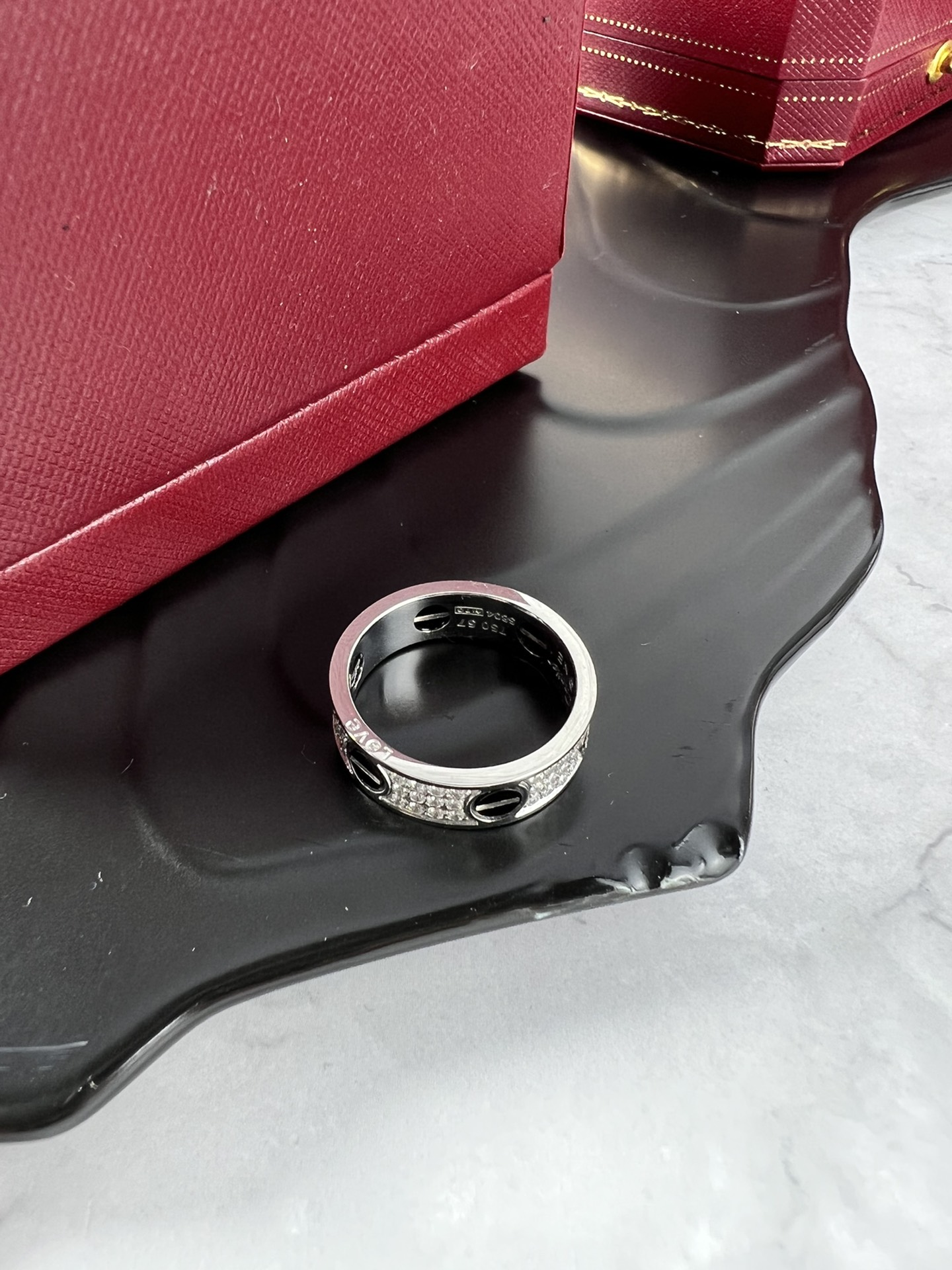 Cartier Love ring 18k white gold black ceramic pave set white diamonds 57