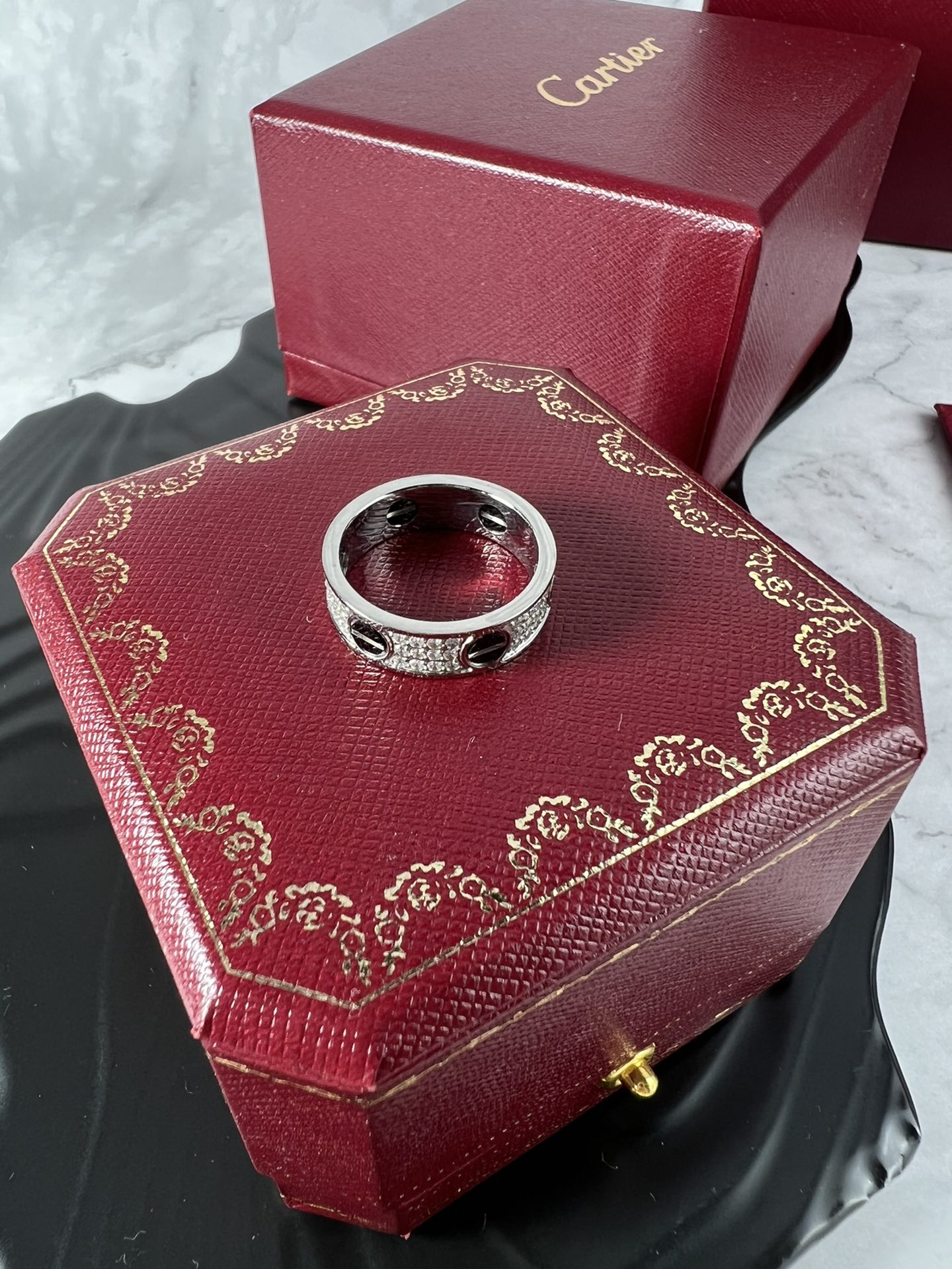 Cartier Love ring 18k white gold black ceramic pave set white diamonds 57