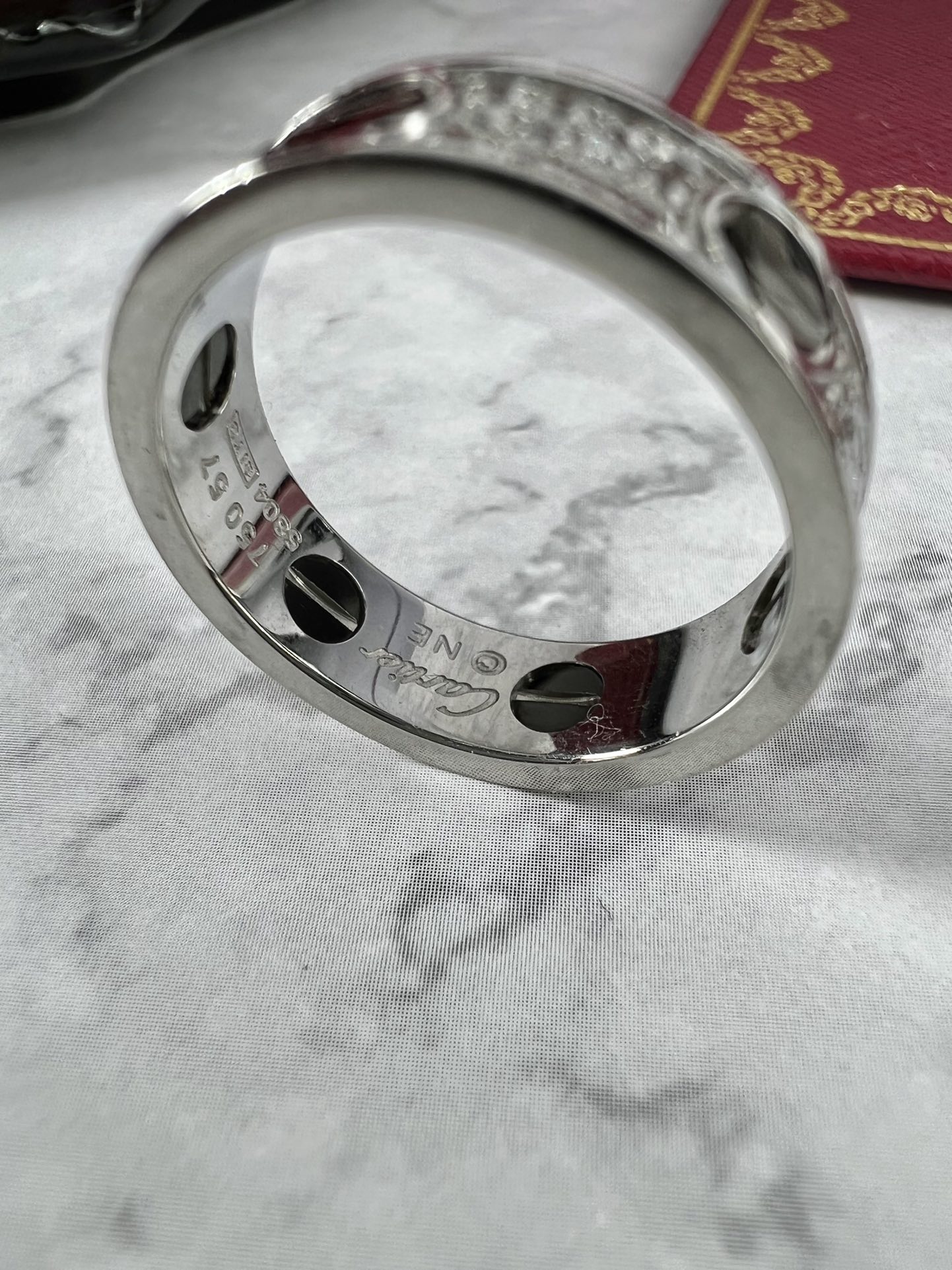 Cartier Love ring 18k white gold black ceramic pave set white diamonds 57