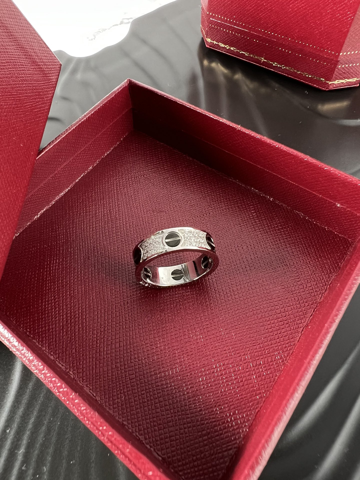 Cartier Love ring 18k white gold black ceramic pave set white diamonds 57