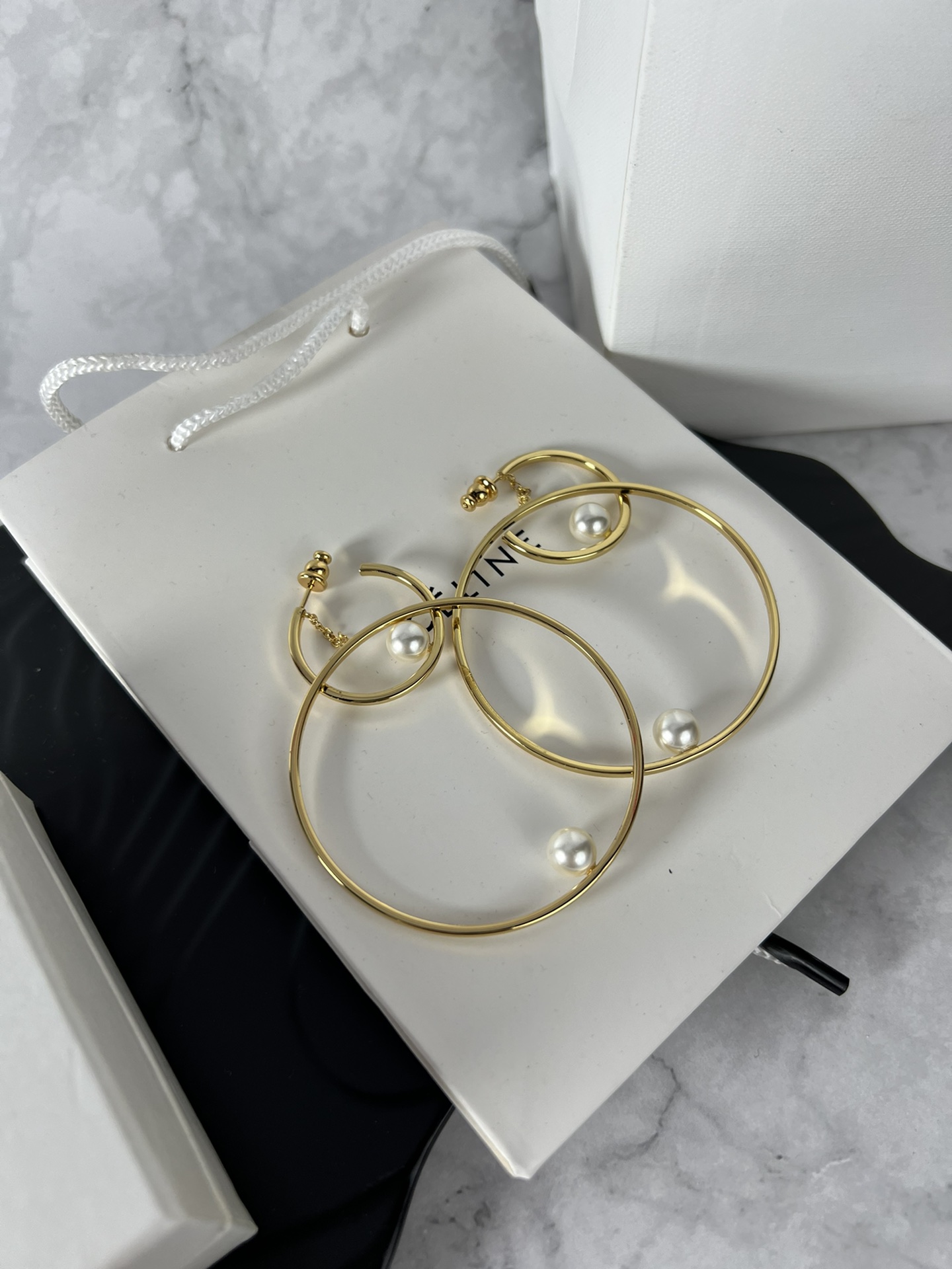 Celine YHED050 Double Hoop Pearl Earrings earrings gold-tone metal with white imitation pearl accents 60mm outer hoop diameter