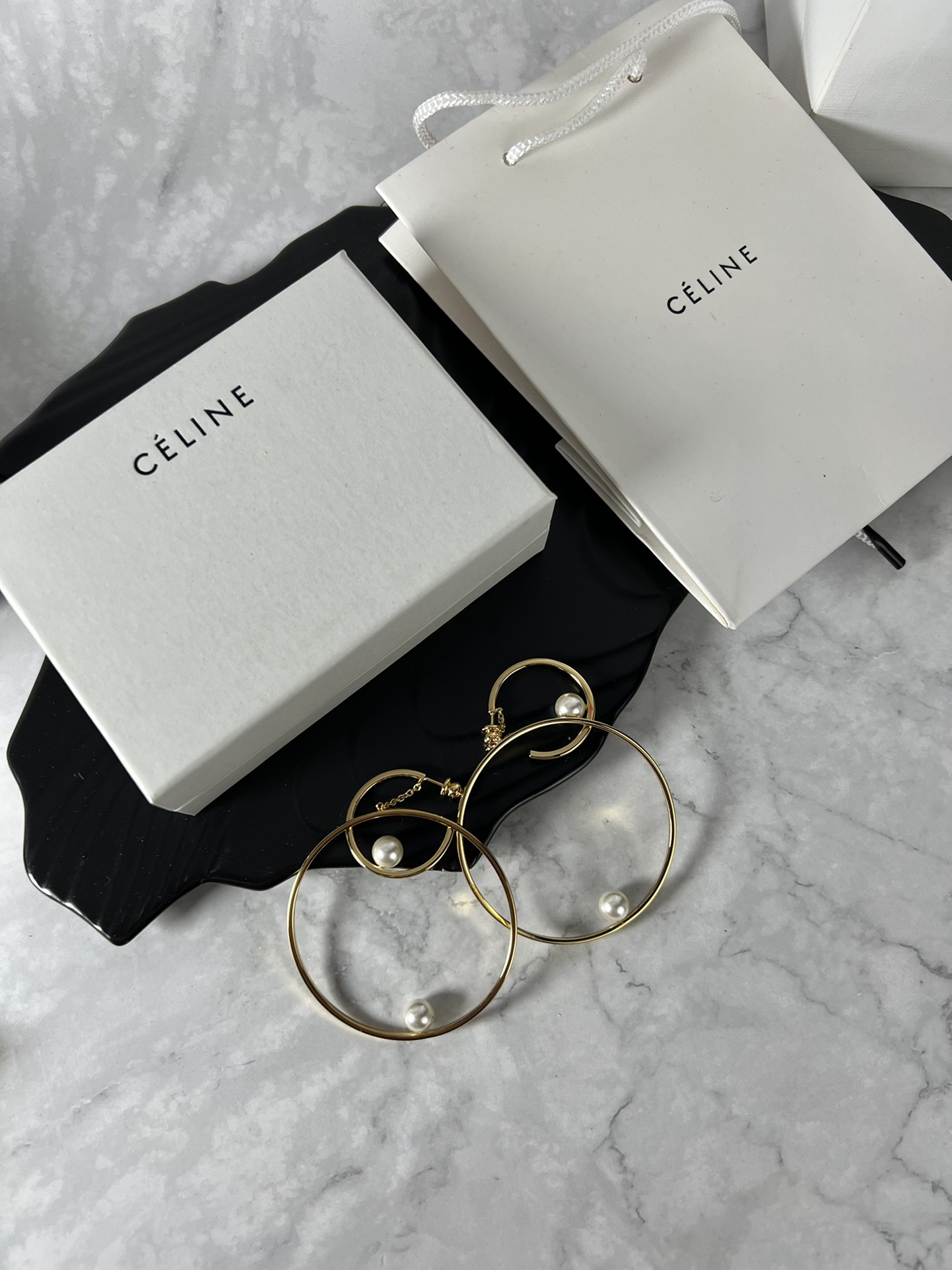 Celine YHED050 Double Hoop Pearl Earrings earrings gold-tone metal with white imitation pearl accents 60mm outer hoop diameter