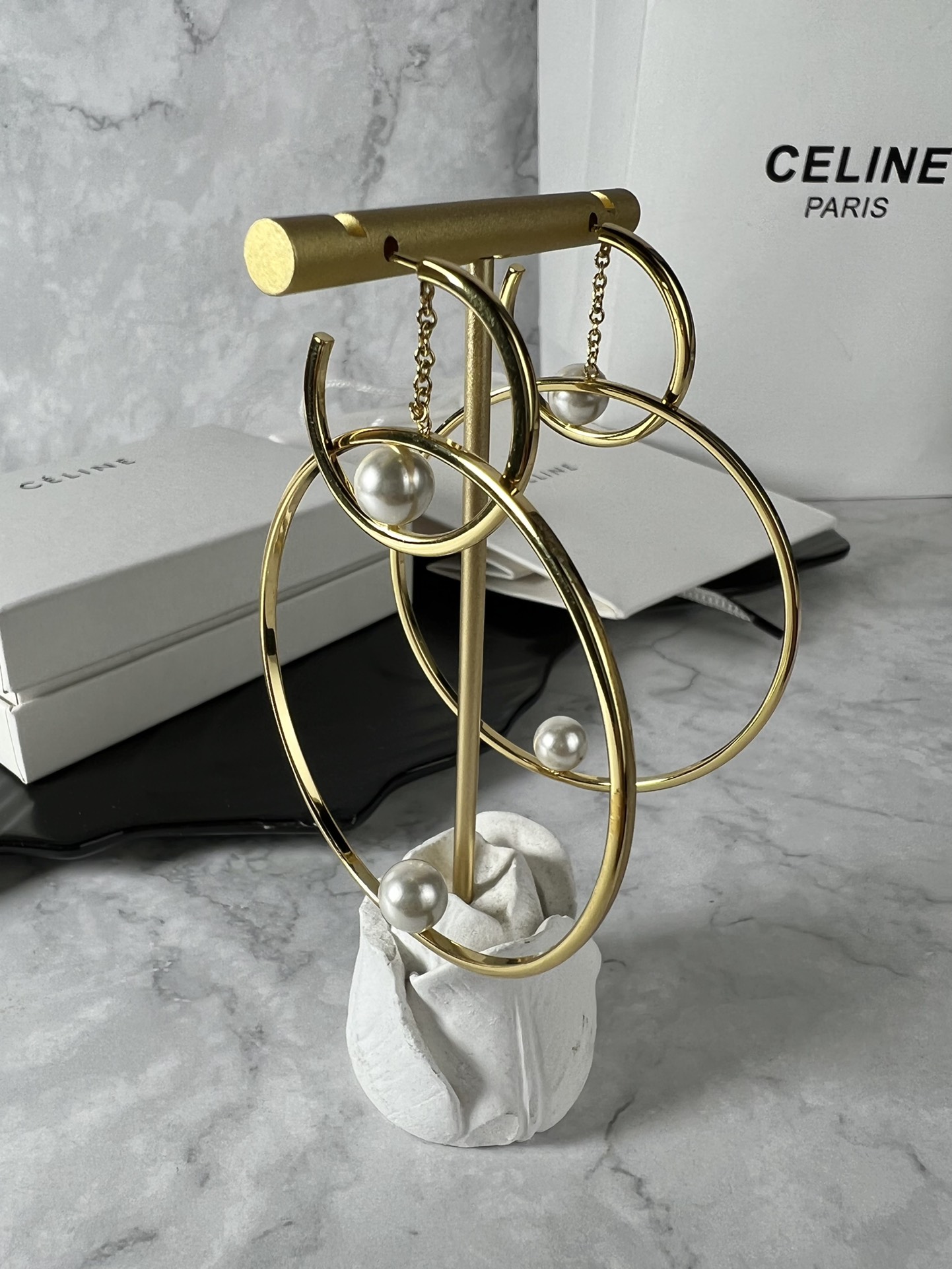 Celine YHED050 Double Hoop Pearl Earrings earrings gold-tone metal with white imitation pearl accents 60mm outer hoop diameter
