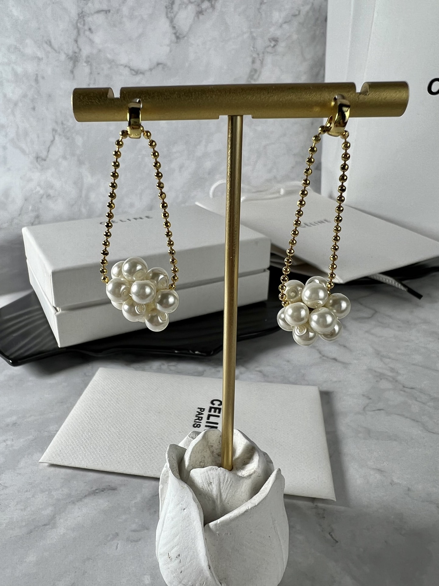 Celine YHED050 Pearl Cluster Drop Earrings earrings gold-tone metal with cream white imitation pearls 3 5cm drop length