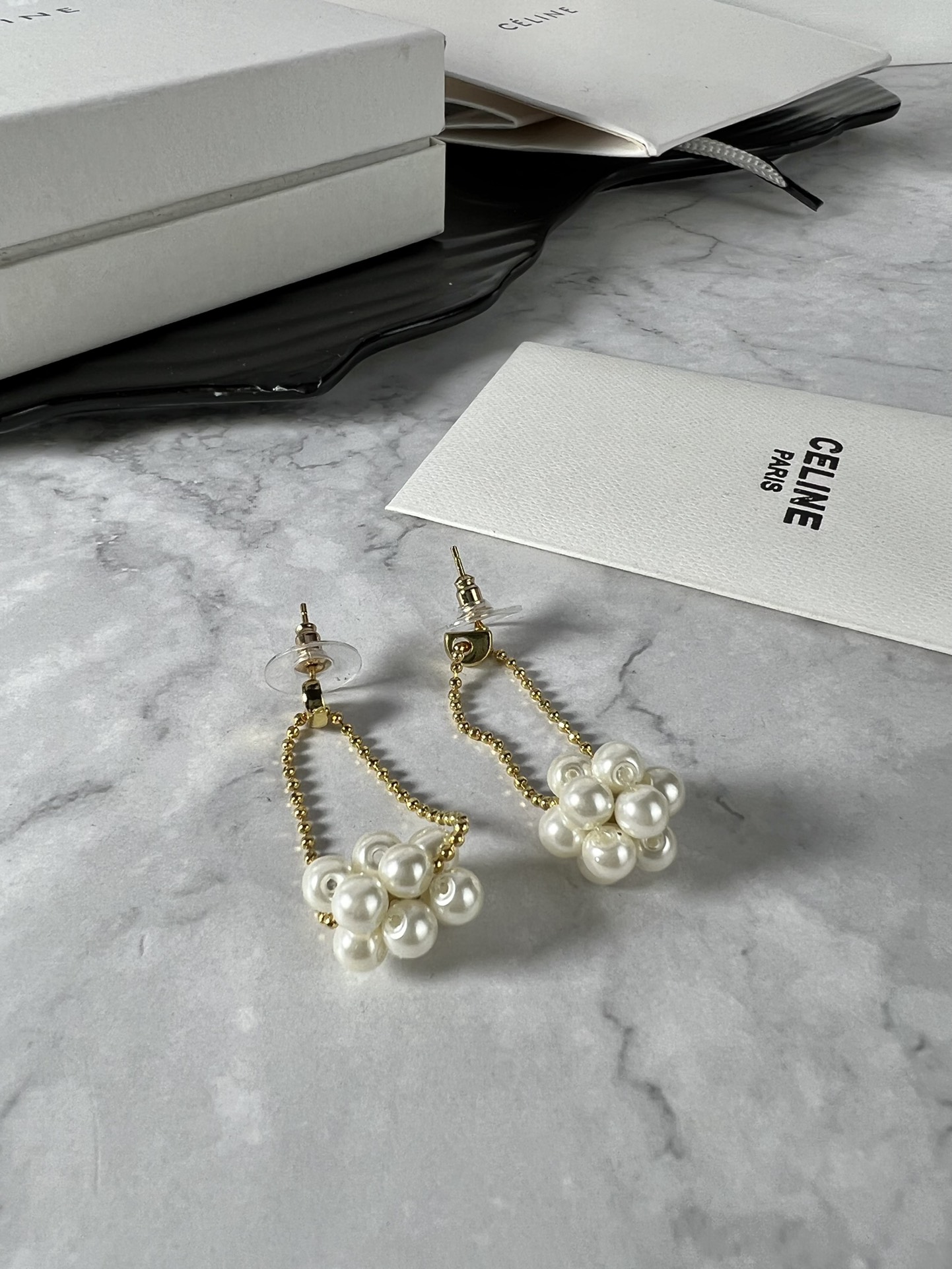 Celine YHED050 Pearl Cluster Drop Earrings earrings gold-tone metal with cream white imitation pearls 3 5cm drop length