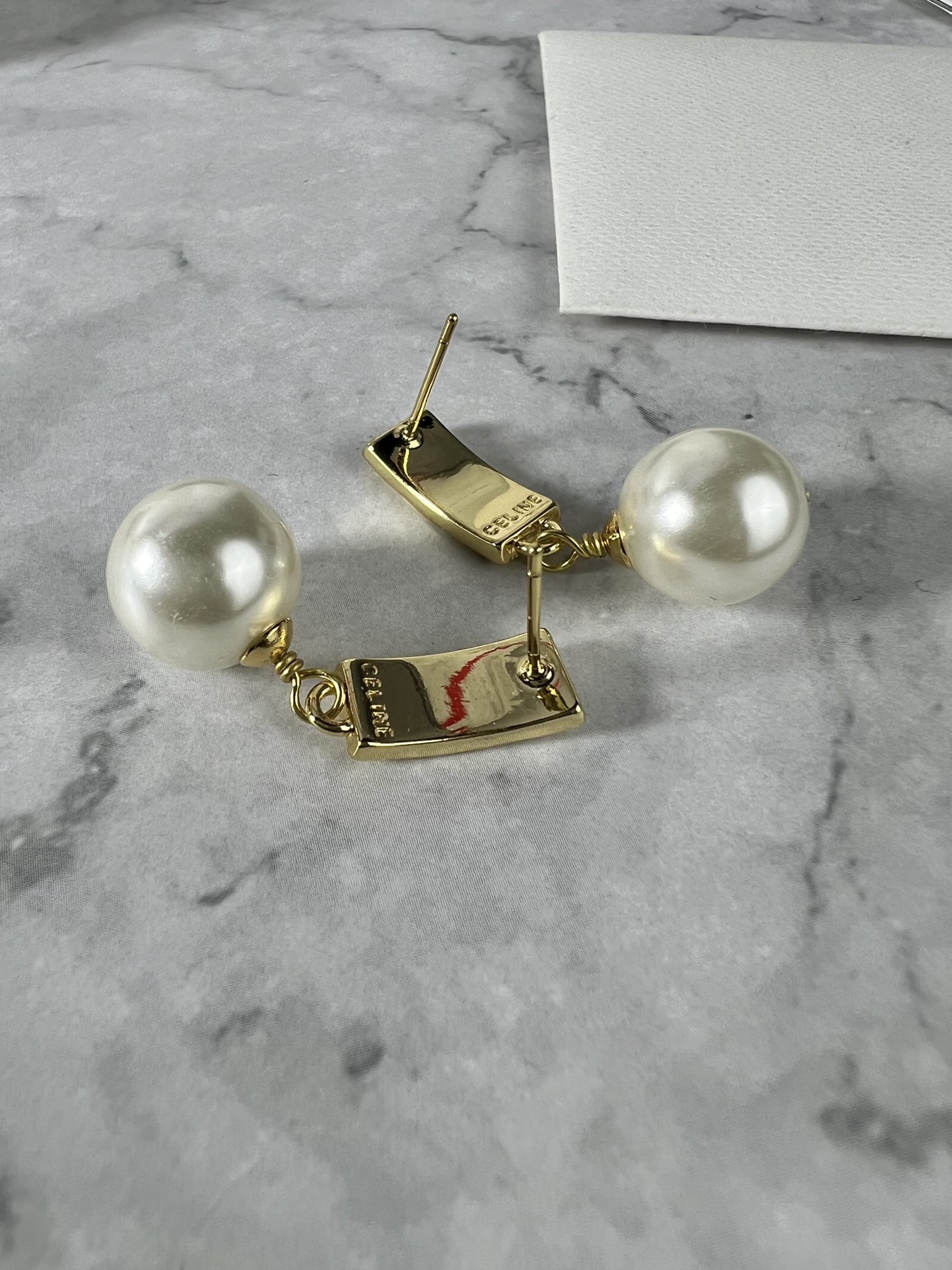 Celine Textured Bar Pearl Drop Earrings earrings Gold-tone metal with cream white faux pearl accents One Size post stud 1 5cm drop length