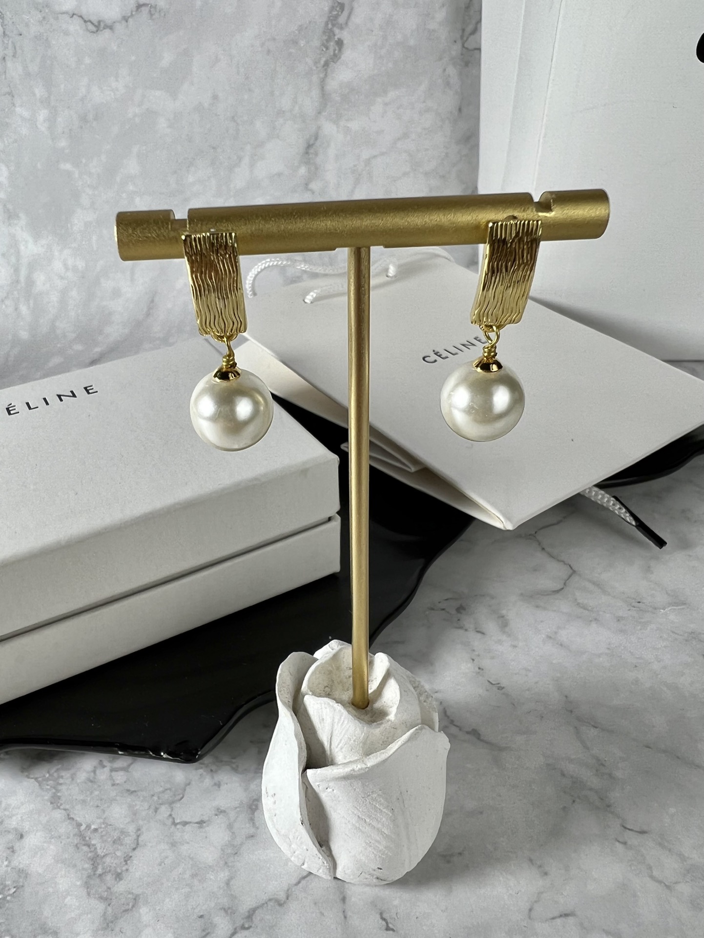 Celine Textured Bar Pearl Drop Earrings earrings Gold-tone metal with cream white faux pearl accents One Size post stud 1 5cm drop length