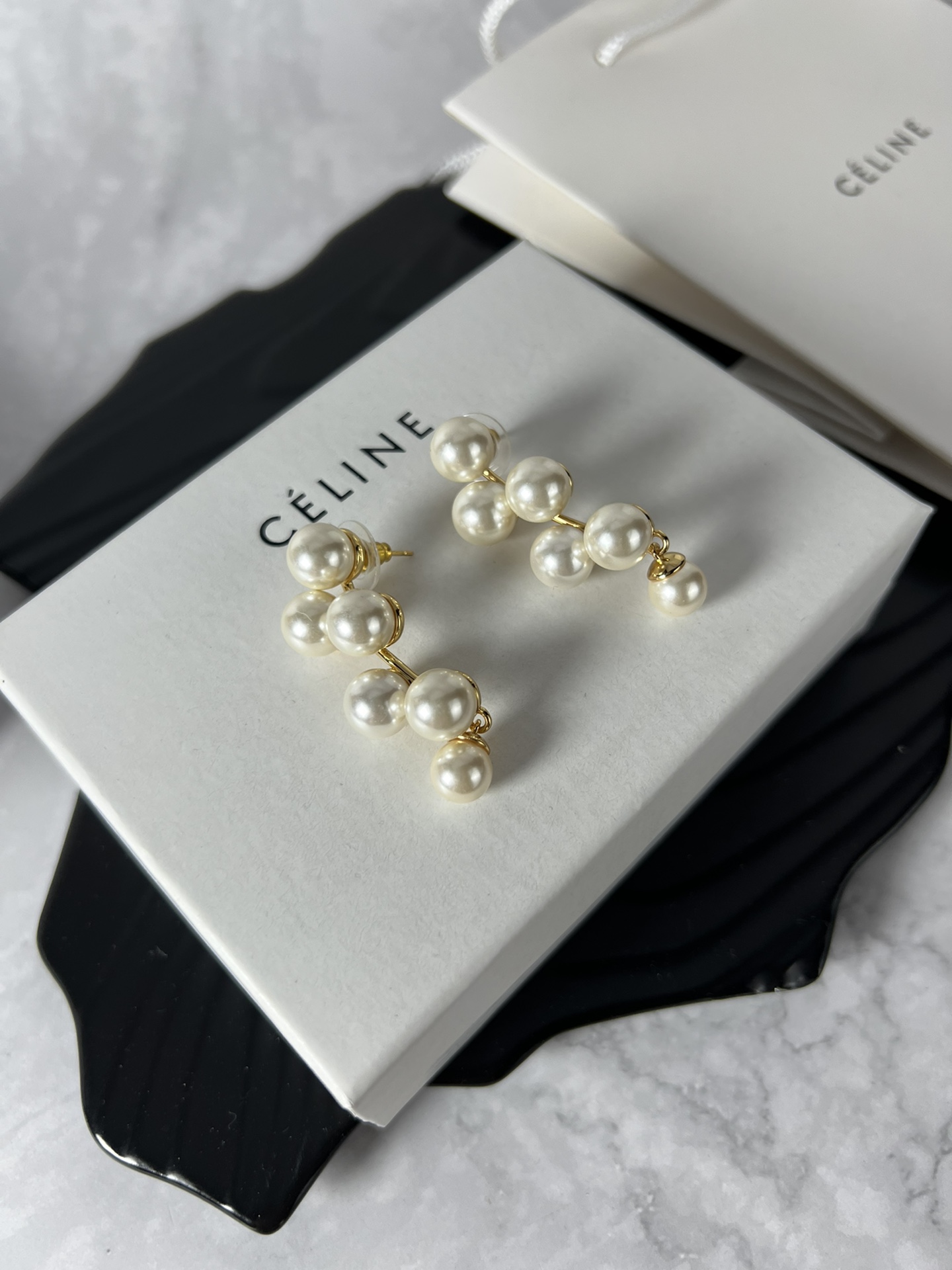 Celine YHED050 Pearl Drop Earrings earrings gold-tone metal with cream white imitation pearls 6cm drop length