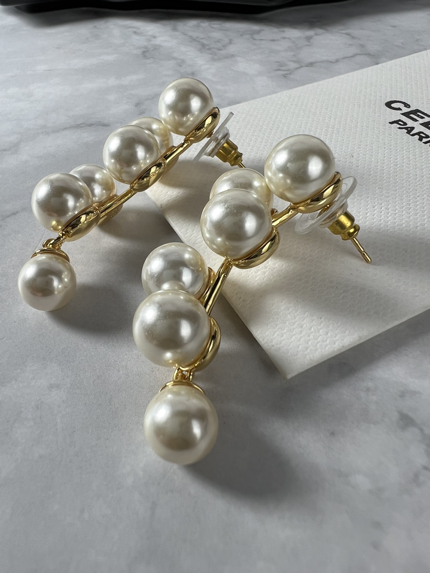 Celine YHED050 Pearl Drop Earrings earrings gold-tone metal with cream white imitation pearls 6cm drop length