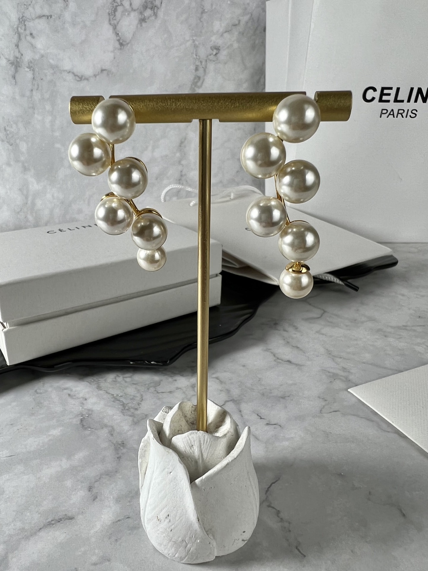Celine YHED050 Pearl Drop Earrings earrings gold-tone metal with cream white imitation pearls 6cm drop length