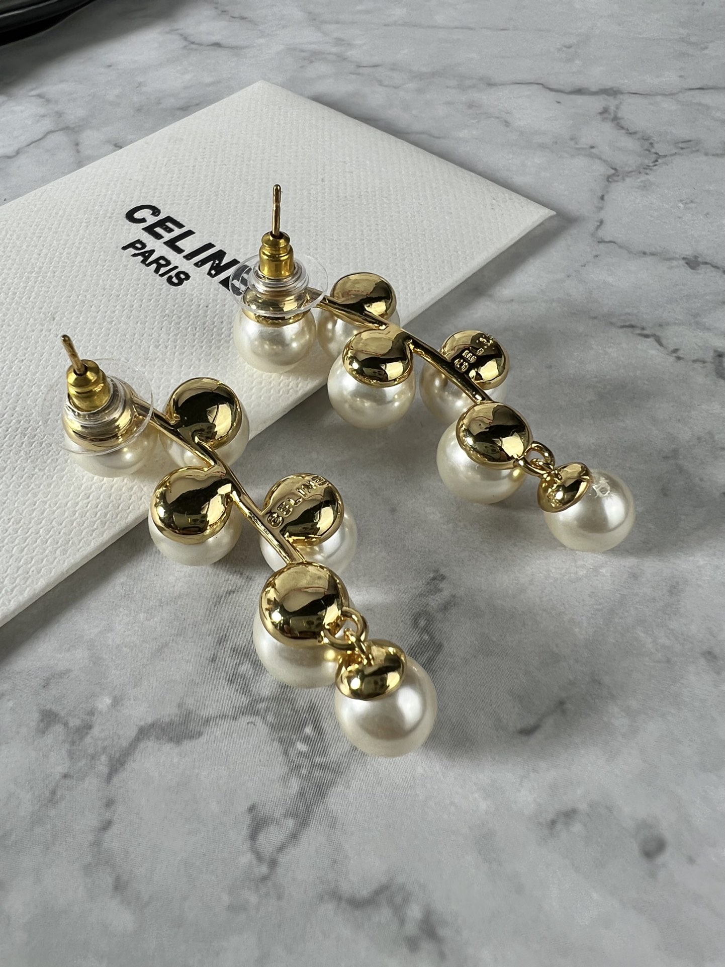 Celine YHED050 Pearl Drop Earrings earrings gold-tone metal with cream white imitation pearls 6cm drop length