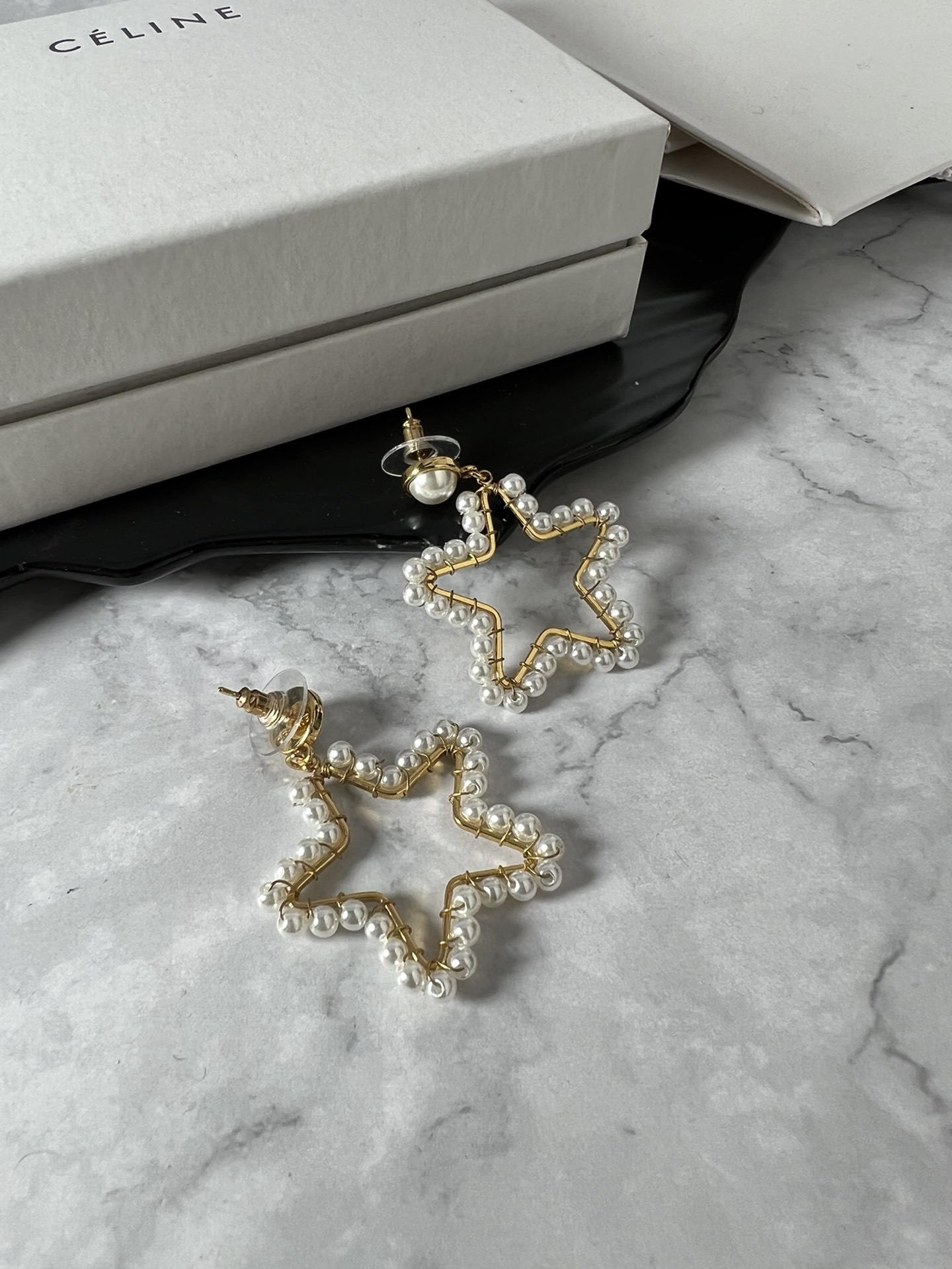Celine Pearl Open Star Drop Earrings earrings gold-tone metal with white faux pearls 4 5cm drop length