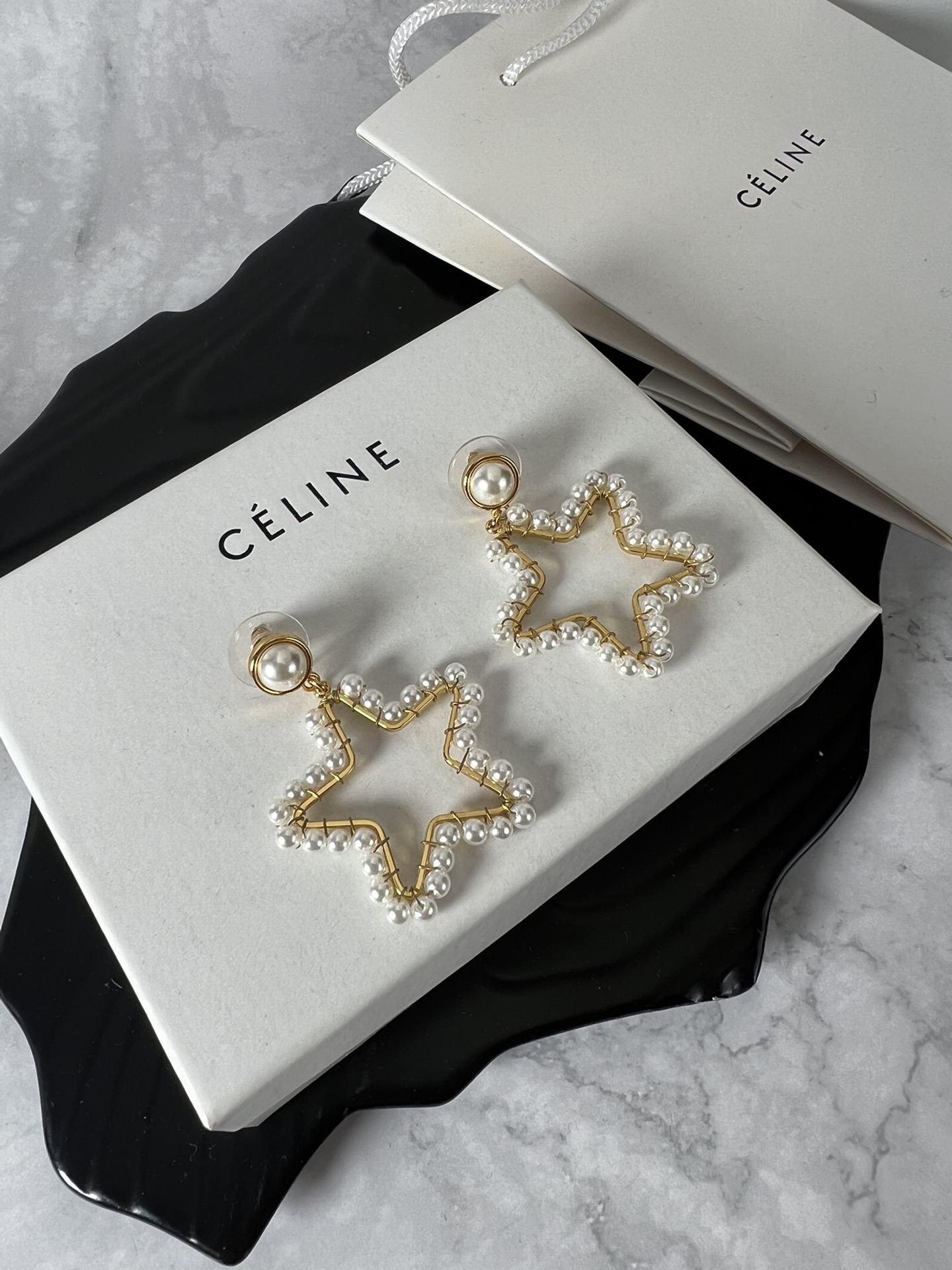 Celine Pearl Open Star Drop Earrings earrings gold-tone metal with white faux pearls 4 5cm drop length