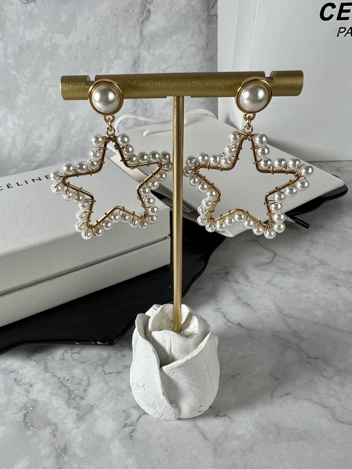 Celine Pearl Open Star Drop Earrings earrings gold-tone metal with white faux pearls 4 5cm drop length