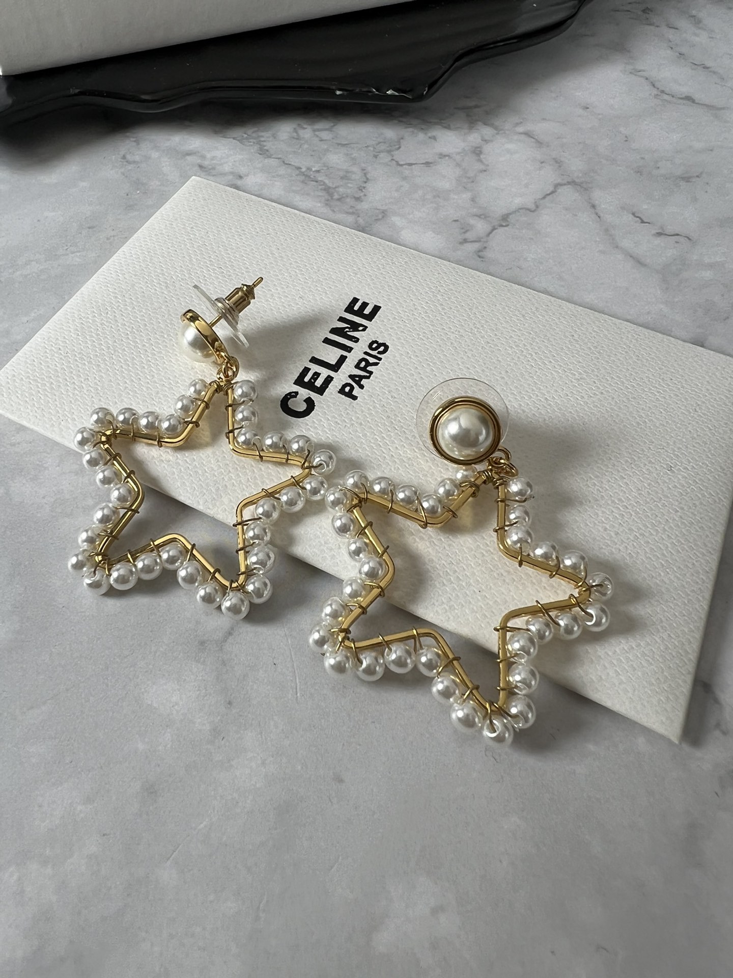 Celine Pearl Open Star Drop Earrings earrings gold-tone metal with white faux pearls 4 5cm drop length