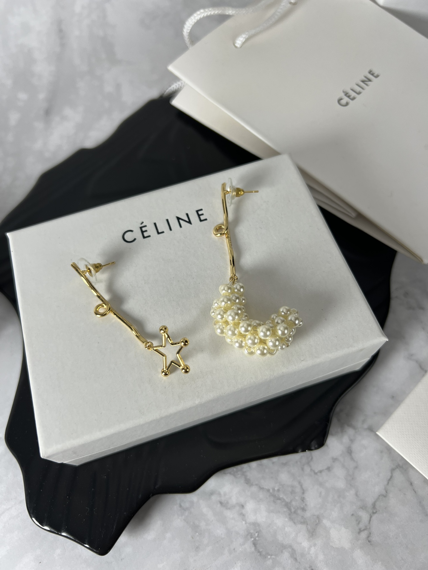 Celine YHED050 Asymmetric Star Pearl Drop earrings gold-tone metal cream white faux pearl 6cm drop length