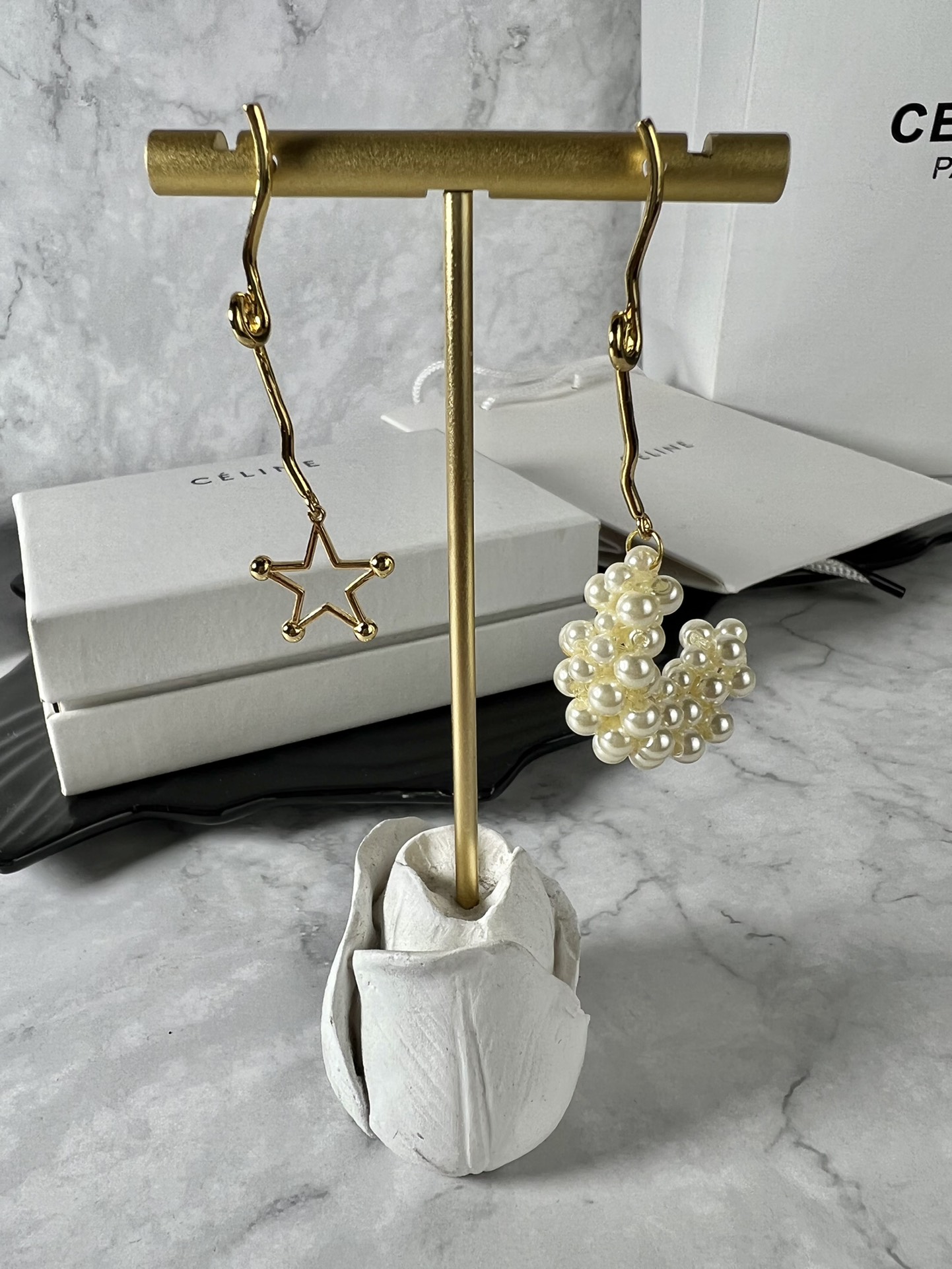 Celine YHED050 Asymmetric Star Pearl Drop earrings gold-tone metal cream white faux pearl 6cm drop length