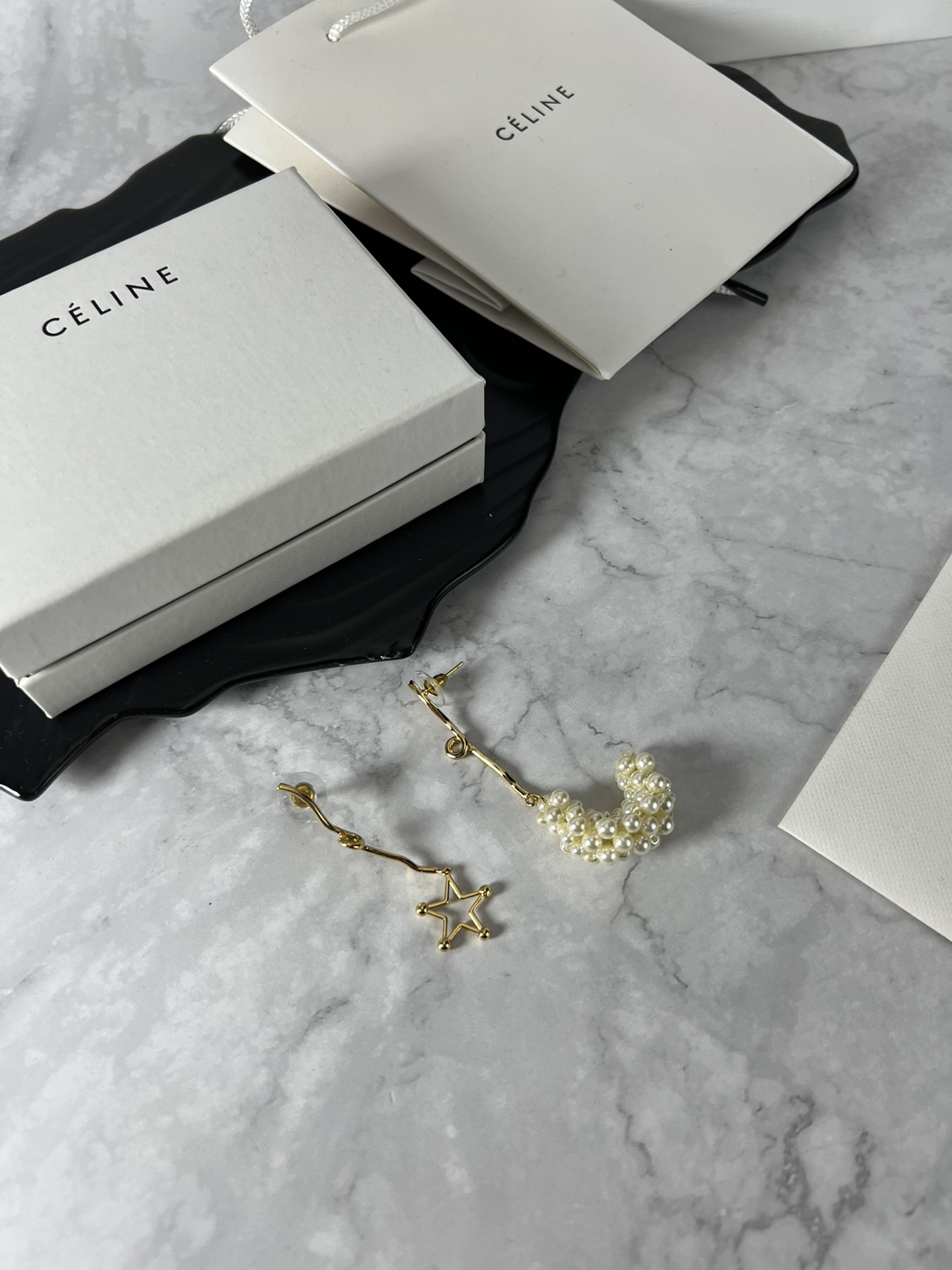 Celine YHED050 Asymmetric Star Pearl Drop earrings gold-tone metal cream white faux pearl 6cm drop length