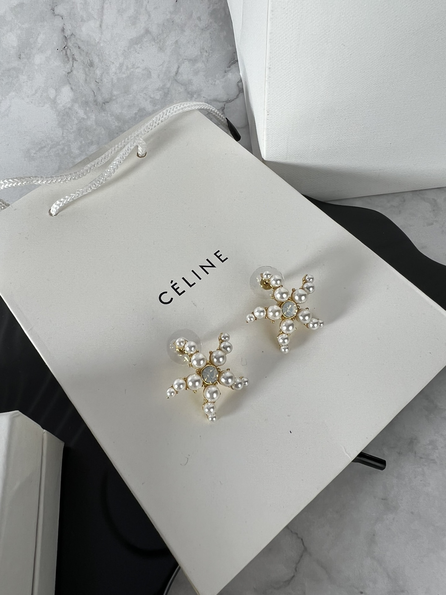 Celine Pearl Starfish Stud Earrings earrings Gold-tone metal white faux pearls pale blue opalescent center stone One Size 2 5cm diameter