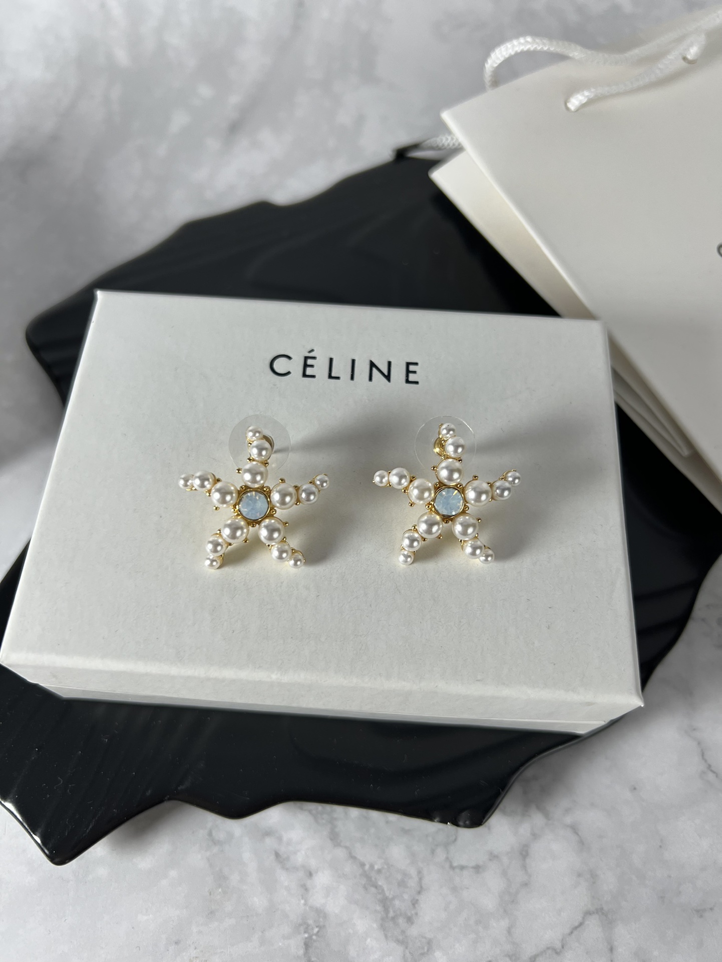 Celine Pearl Starfish Stud Earrings earrings Gold-tone metal white faux pearls pale blue opalescent center stone One Size 2 5cm diameter