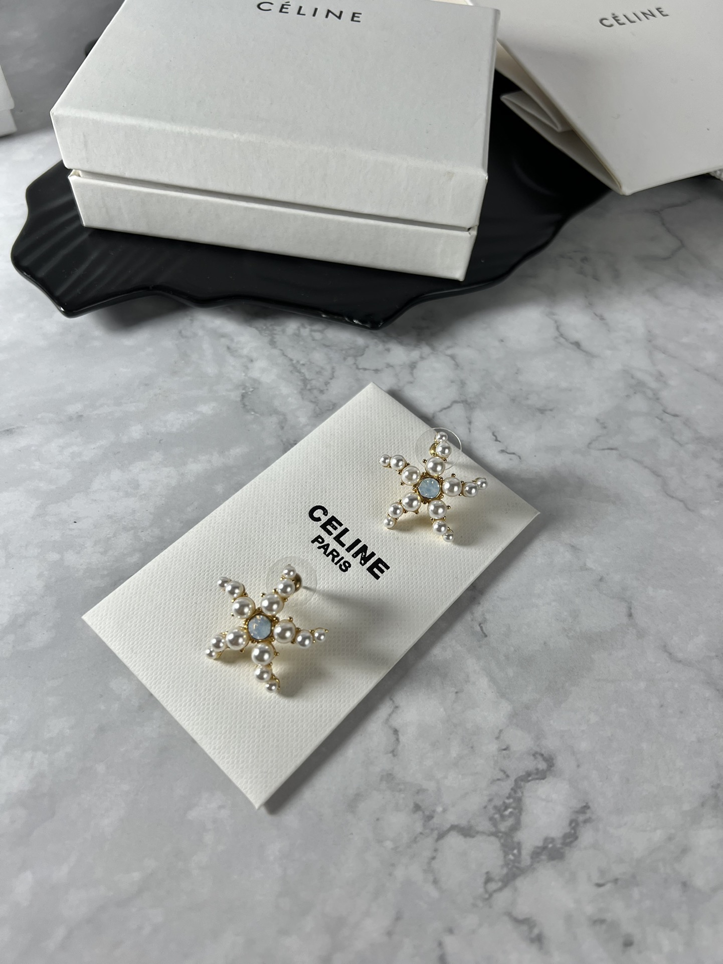 Celine Pearl Starfish Stud Earrings earrings Gold-tone metal white faux pearls pale blue opalescent center stone One Size 2 5cm diameter