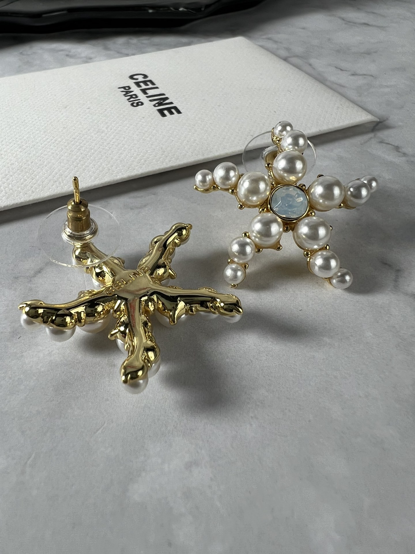 Celine Pearl Starfish Stud Earrings earrings Gold-tone metal white faux pearls pale blue opalescent center stone One Size 2 5cm diameter