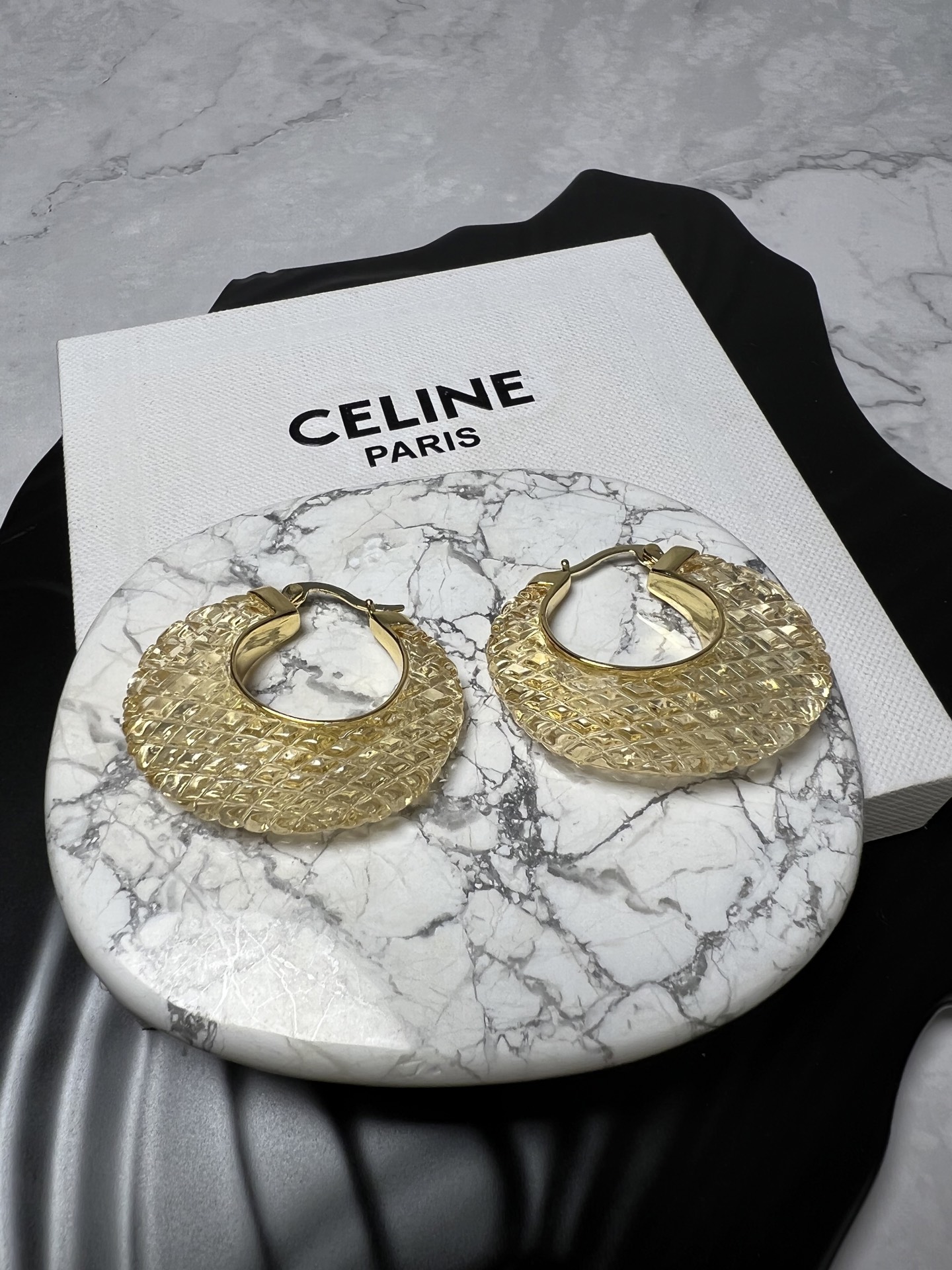 Celine Textured Resin Hoop earrings Gold-tone metal with champagne textured resin 4cm diameter