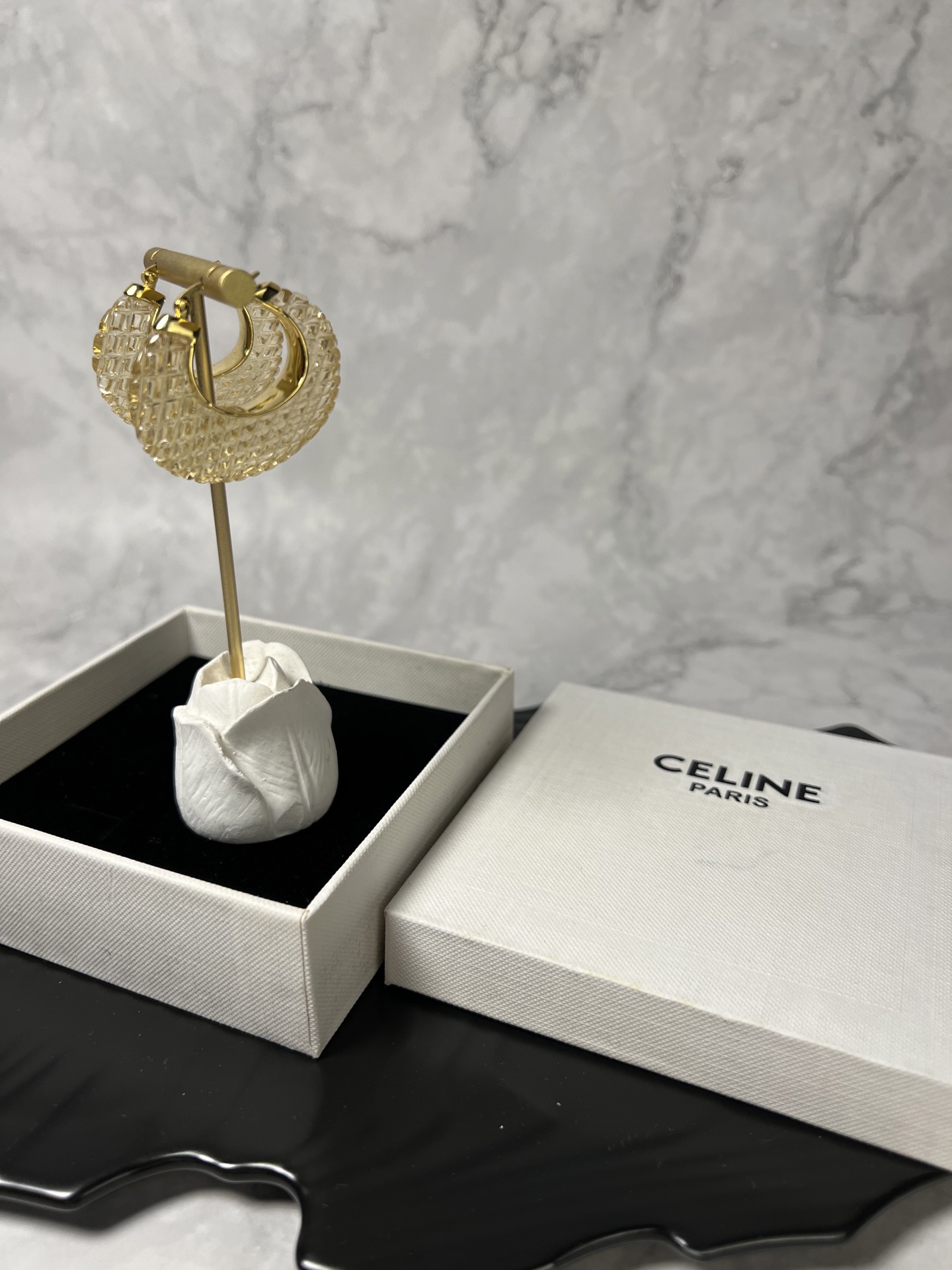 Celine Textured Resin Hoop earrings Gold-tone metal with champagne textured resin 4cm diameter