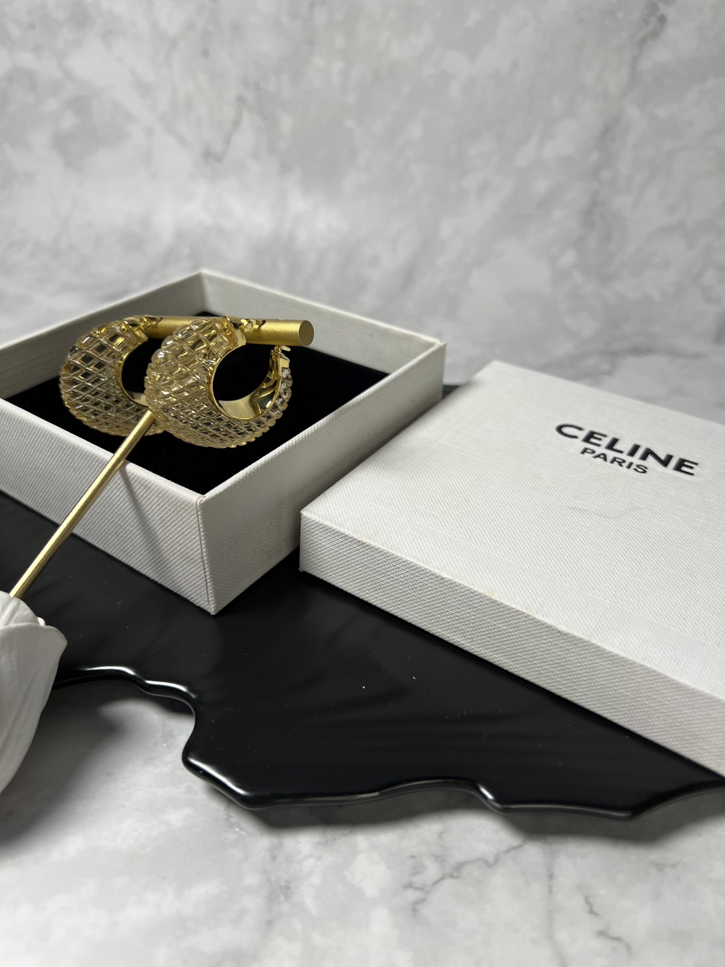 Celine Textured Resin Hoop earrings Gold-tone metal with champagne textured resin 4cm diameter