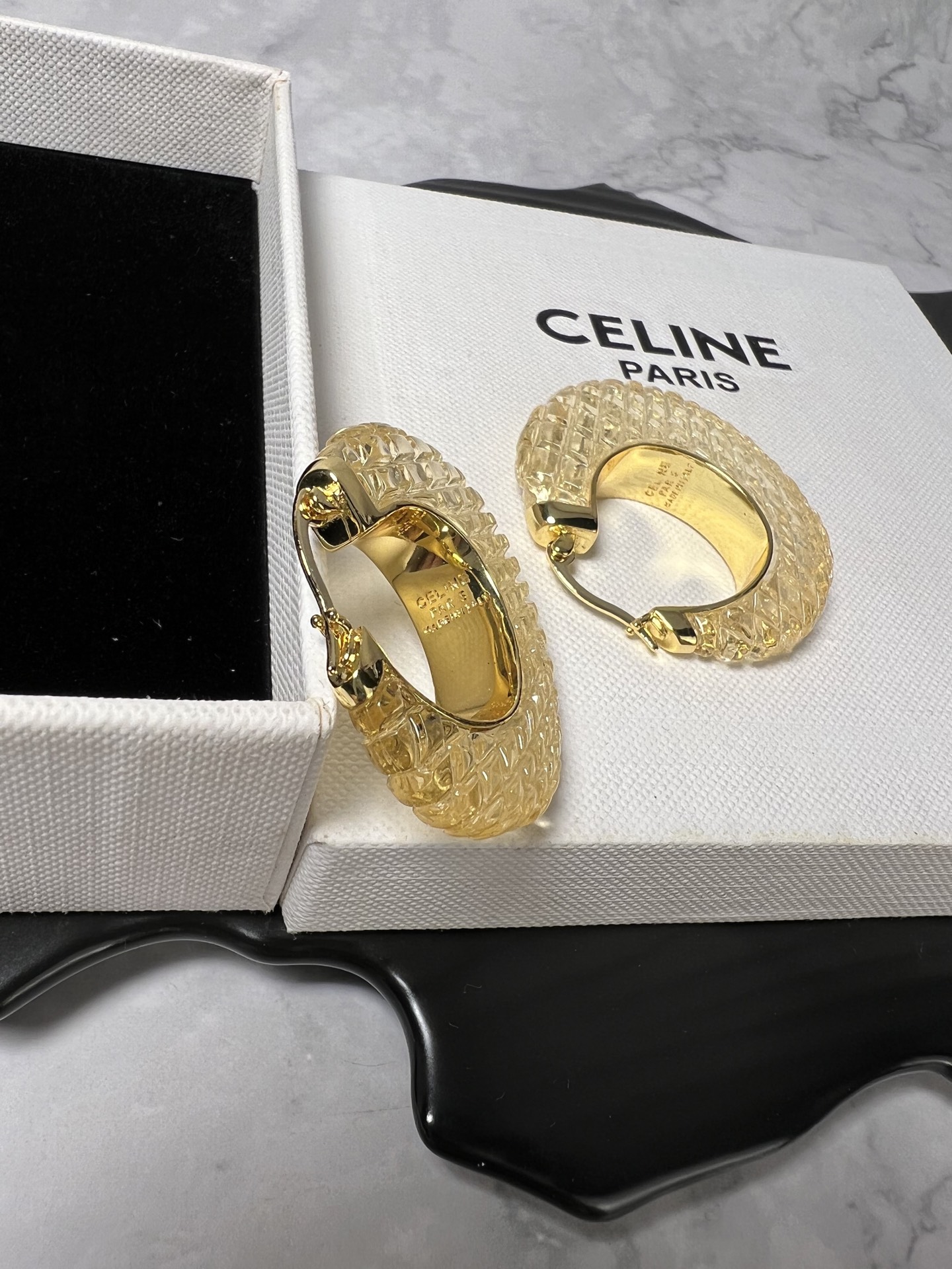 Celine Textured Resin Hoop earrings Gold-tone metal with champagne textured resin 4cm diameter
